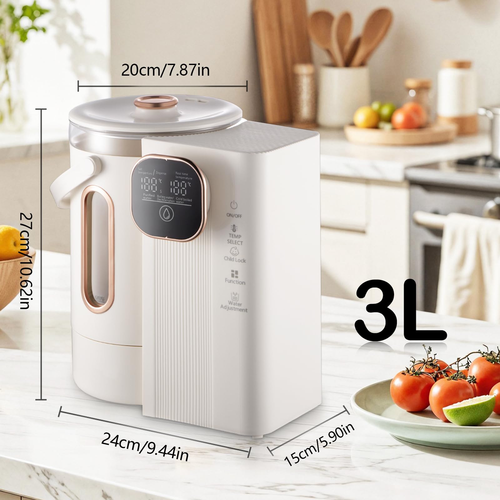 Dispensador de Agua Caliente, Enfriador de Agua con Control de Temperatura Dispensador Agua Electrico de Acero Inoxidable de 3L 800W con llave de Bloqueo para Hogar Oficina y Autocaravana