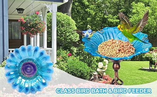 Solar Glass Blue Bird Bath, Yard Art，Garden Outdoor Birdbath With Metal Stake With White Led Light Metal Stake Garden Decor Gifts #TOP3