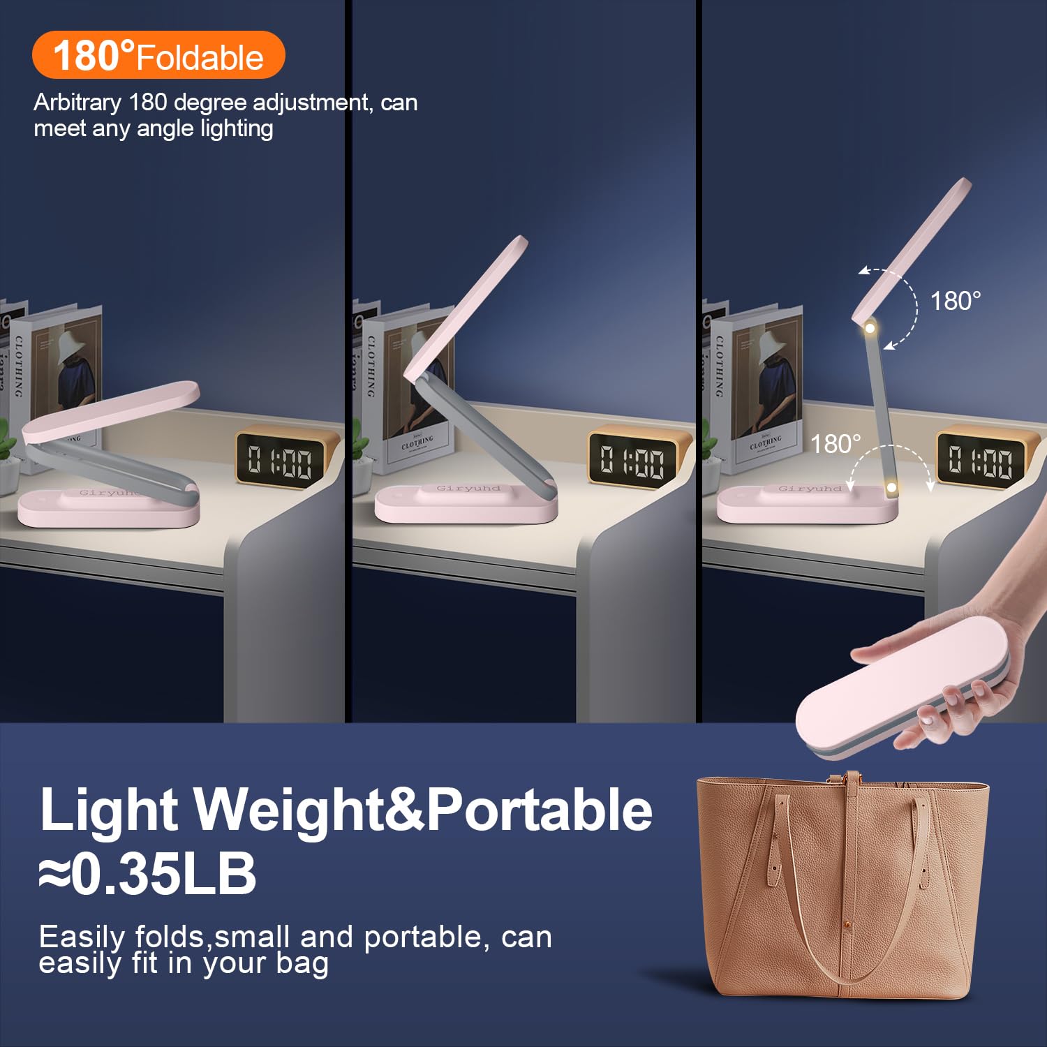 Giryuhd USB Rechargeable Desk Lamp - Foldable, Touch Control, 3 Brightness Levels, Pink, With Phone Charging Port - View #3