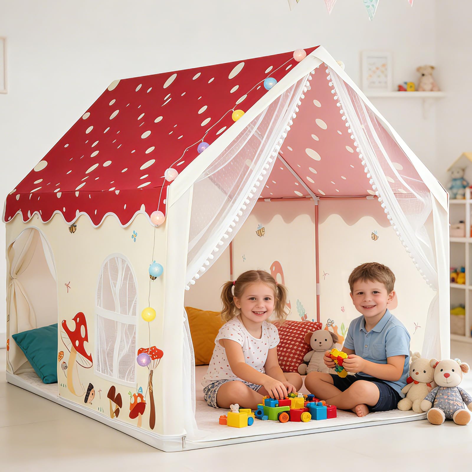 Namiot do zabawy dla dzieci, domek do zabawy z 2 drzwiami, lampkami LED, dużą przestrzenią 160 x 105 x 128 cm i antypoślizgową matą, łatwy montaż w 15 min, przenośny do wewnątrz i na zewnątrz