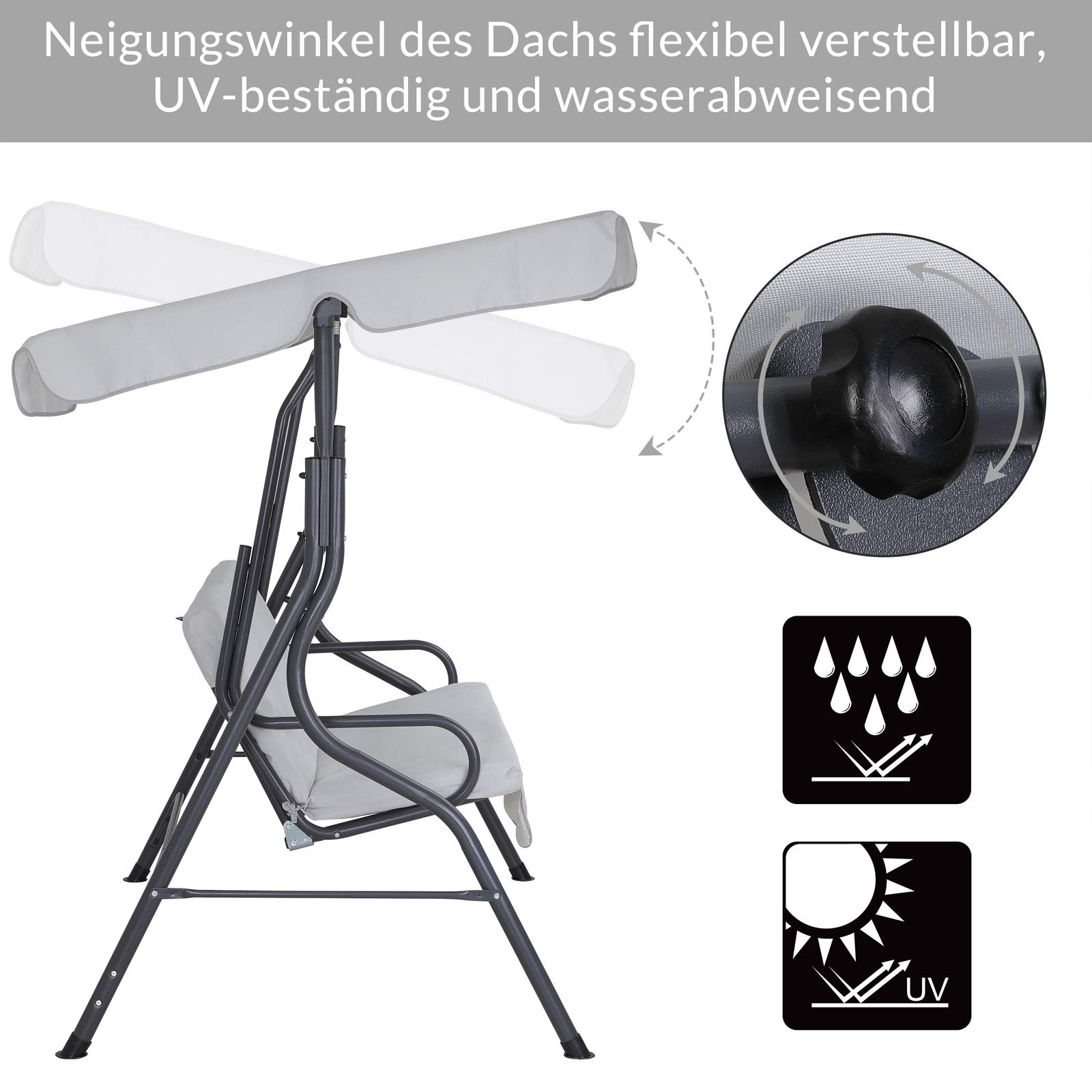 CASARIA® Hollywoodschaukel 2 Sitzer wetterfest Hellgrau 200kg Belastbarkeit Rückenlehne Dach Verstellbar Anti-Rutsch-Füße Garten Terrasse Gartenschaukel 140x112cm