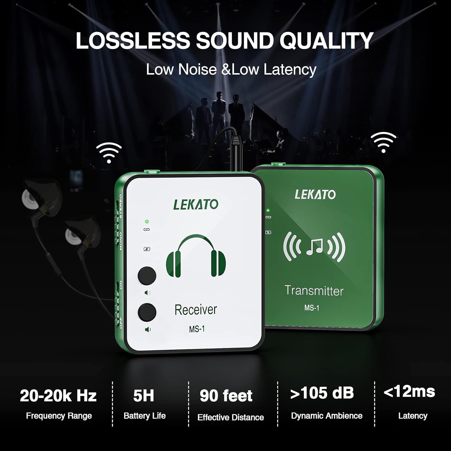 LEKATO Wireless in Ear Monitor System, 2.4G Stereo Wireless IEM System with Transmitter Beltpack Receiver Automatic Pairing, for Studio, Band Rehearsal, Live Performance,Green