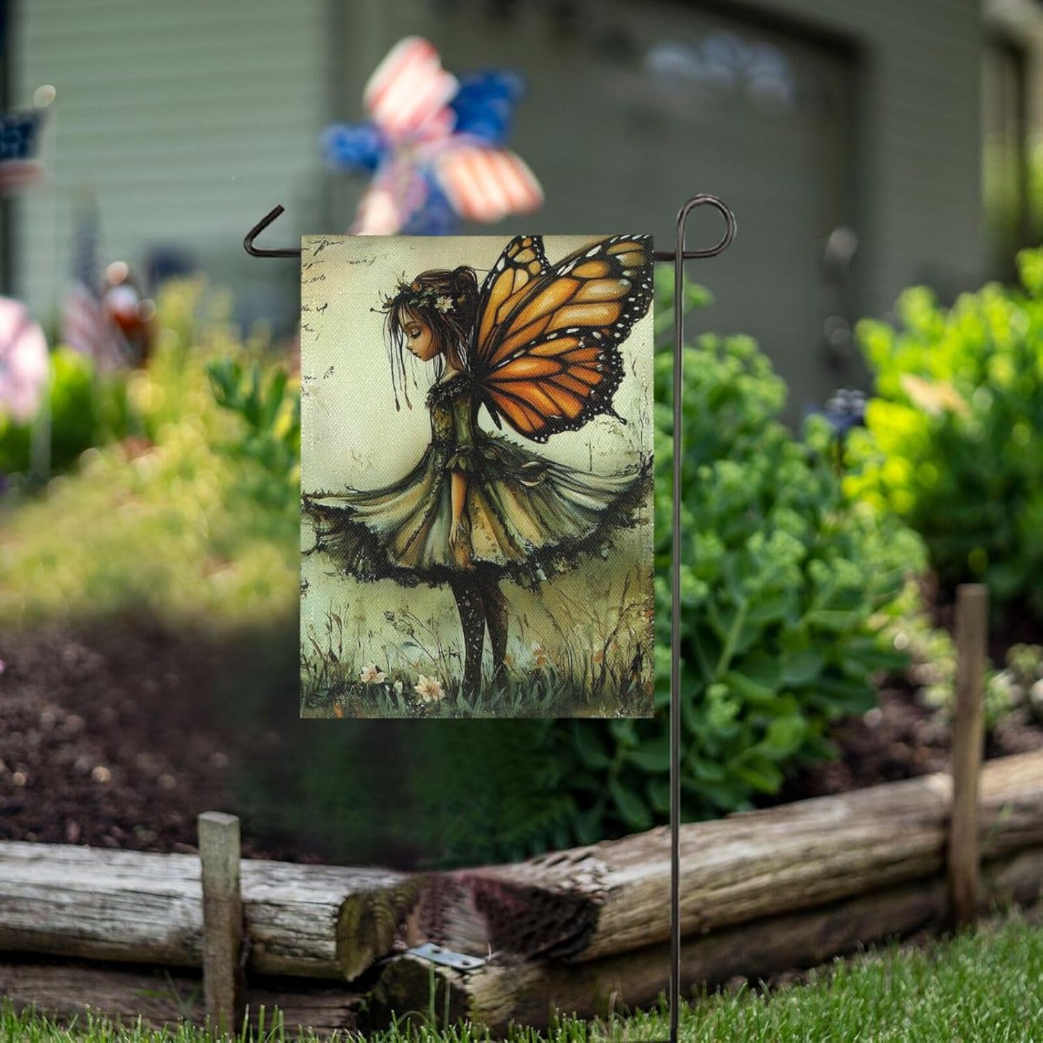 Burlap Garden Flag Fairy Butterfly Vintage, 28” x 40” - Double Sided Garden Flags for Outside, House Yard Flags, Seasonal Outdoor Decorative Flag