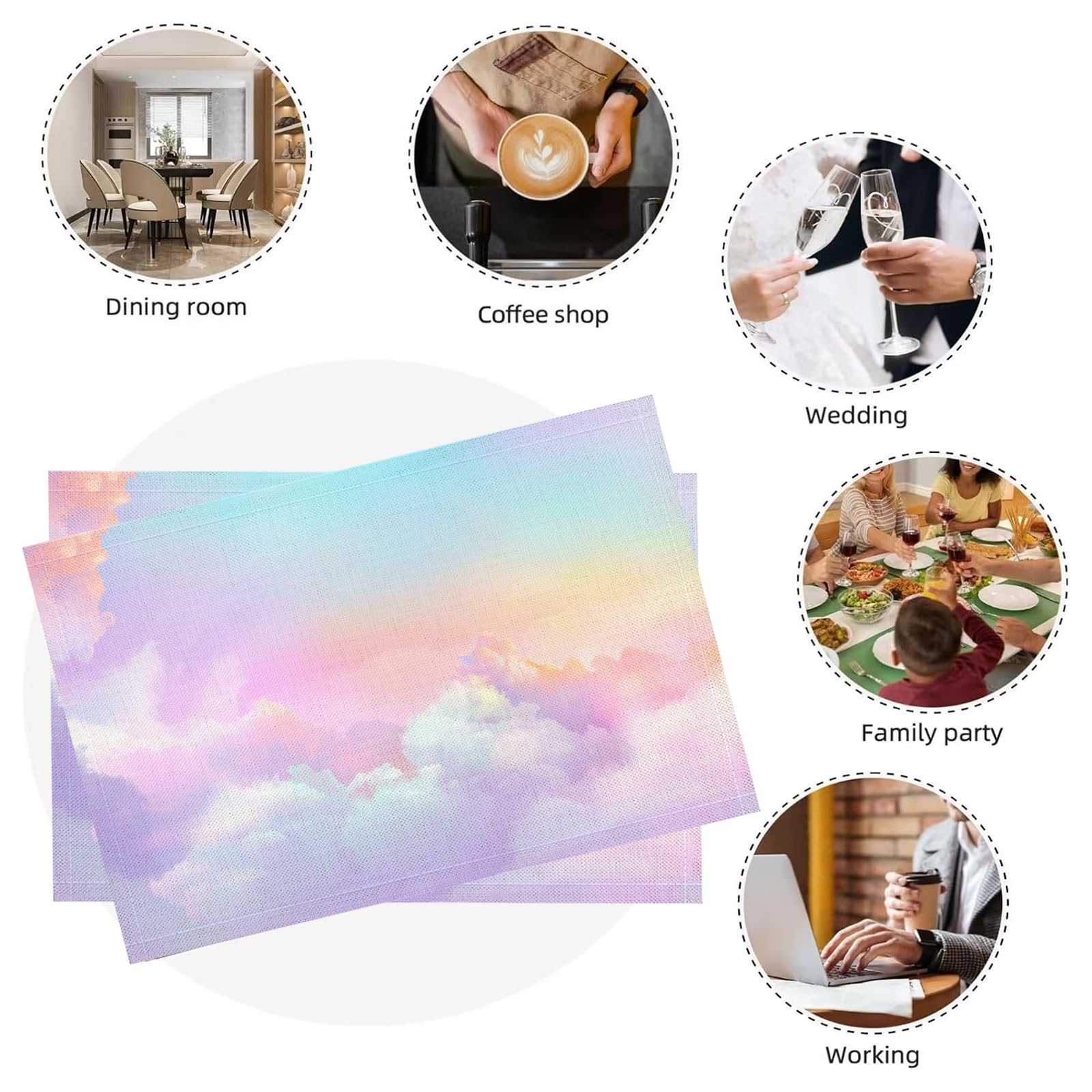 Tovaglietta Americana Sogno in Cotone Lino Rettangolare - Tovagliette Set di 8 Nuvole Arcobaleno Resistente al Calore per La Cucina, Il L'Ufficio, 30 x 45cm