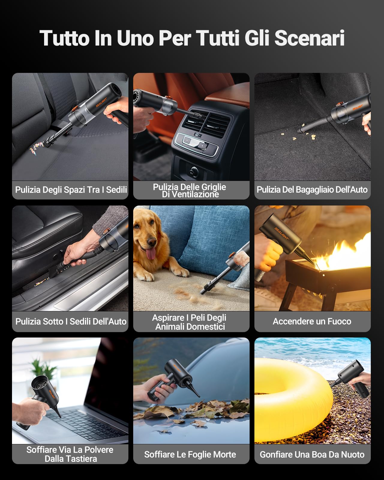 SEALIGHT Aspirabriciole Senza Fili, 32000Pa 4-in-1 Aspirapolvere Auto Cordless, One-Touch Dust Dump con 400000 RPM Motore Brushless, Mini Aspirapolvere Potente per Casa, Ufficio, Auto, Capelli