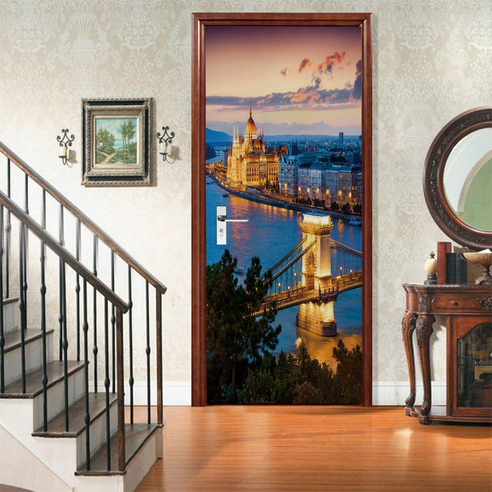 3d Stickers Porte Scène nocturne de Londres Auto-AdhéSive Murale DéCoration De La Maison Stickers Muraux Chambre Salon Amovible Affiche Art Autocollants L100 x H200cm