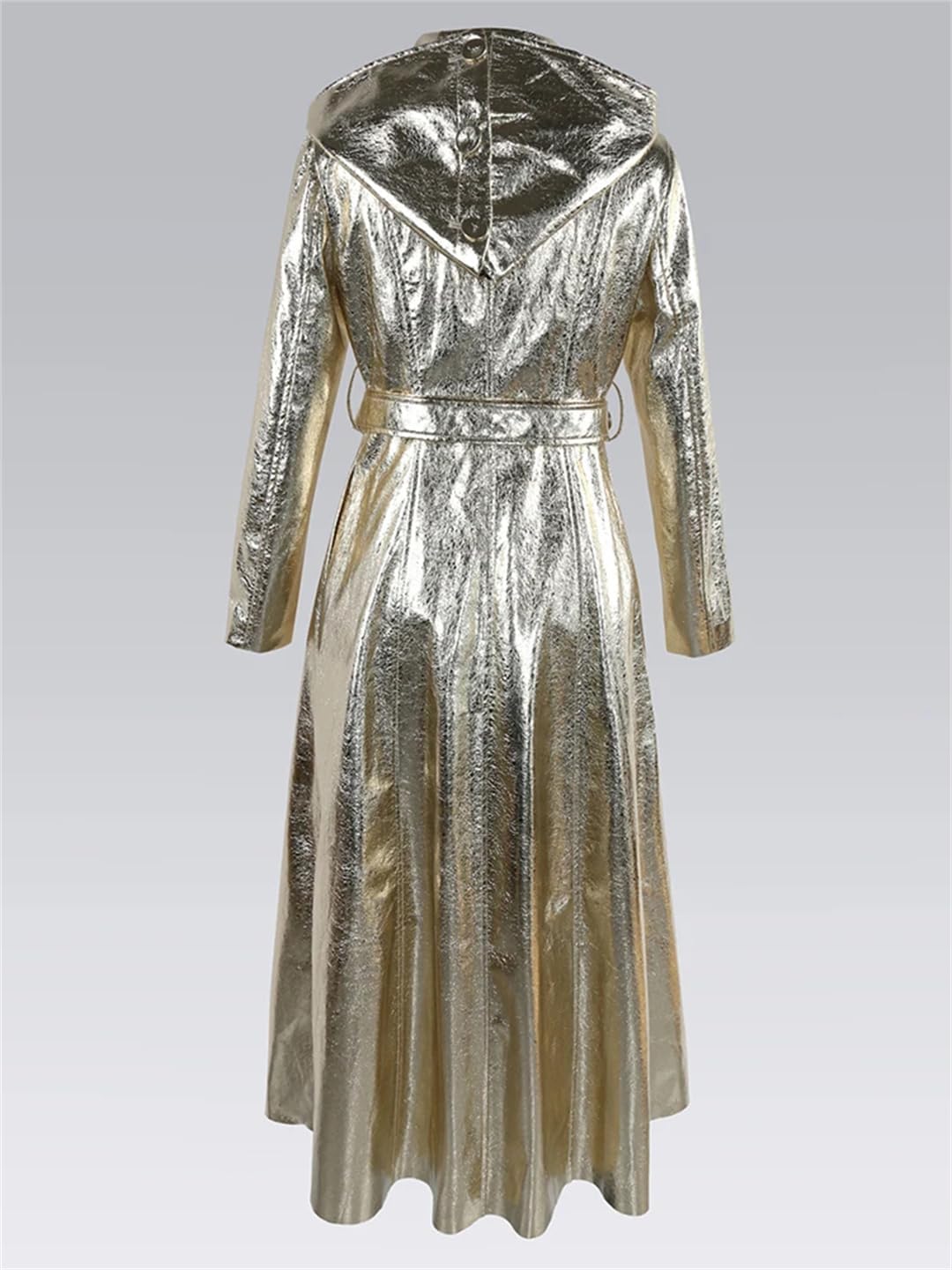Women Autumn Vintage Maxi Silver Shiny Patent Faux Leather Coat Hooded Slim Fit Pockets Jacket