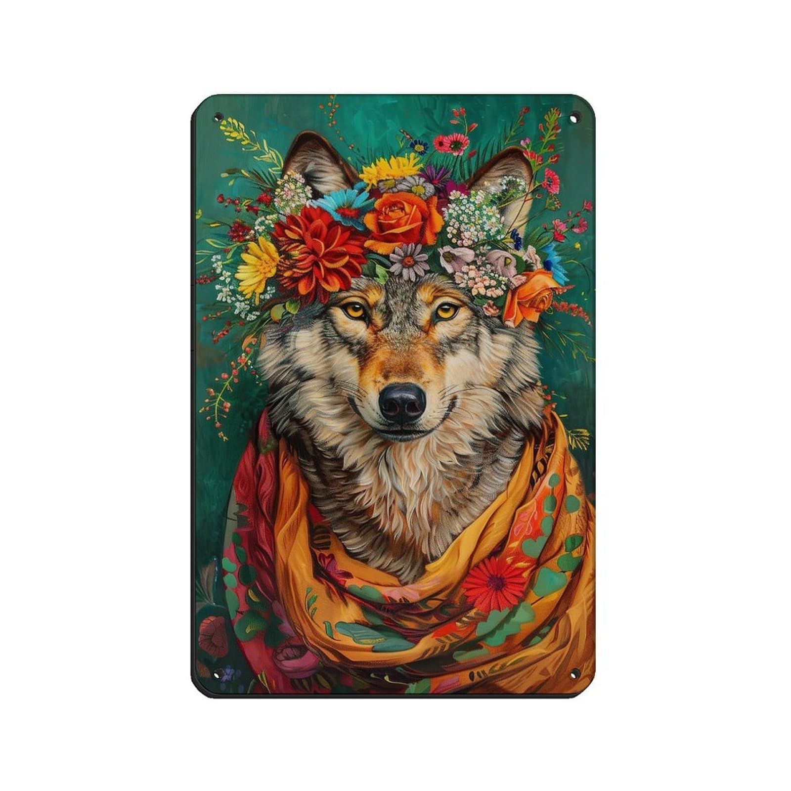 Vintage Maximalist Floral Wolf Painting Poster Retro Poster Metal Tin Sign Chic Art Retro Iron Painting Bar People Cave Cafe Family Garage Poster Wall Decoration 8x12inch(20x30cm)