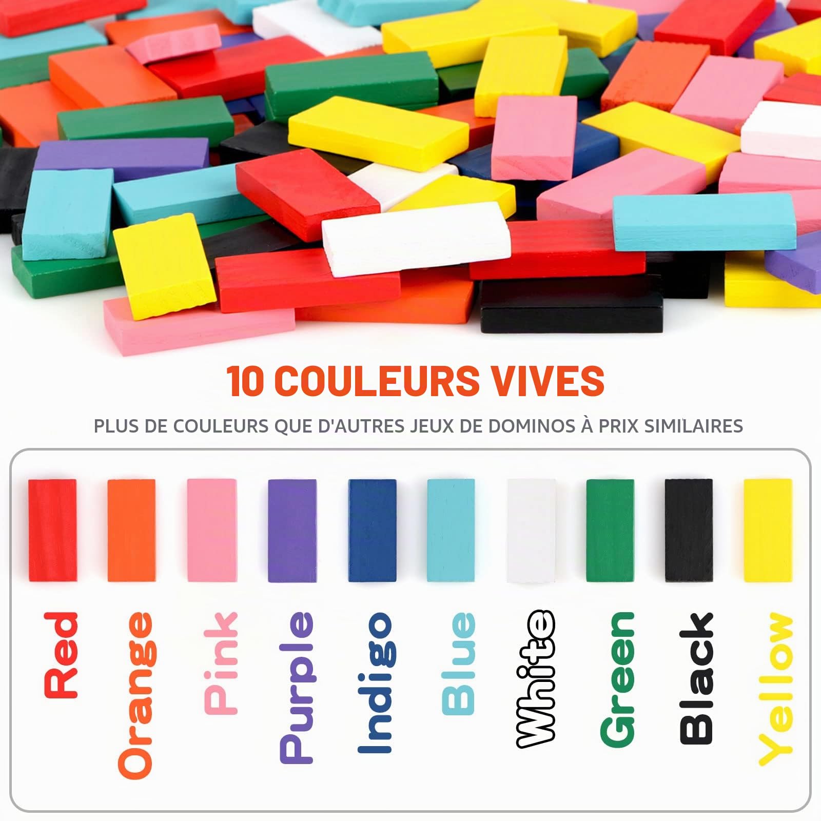 jacootoys 1000 Pièces Domino Set pour Enfants, Blocs de Construction en Bois Colorés Bulk Racing Tuiles Jeux, éducatif Domino Rallye Kits avec Sac de Rangement et Boîte