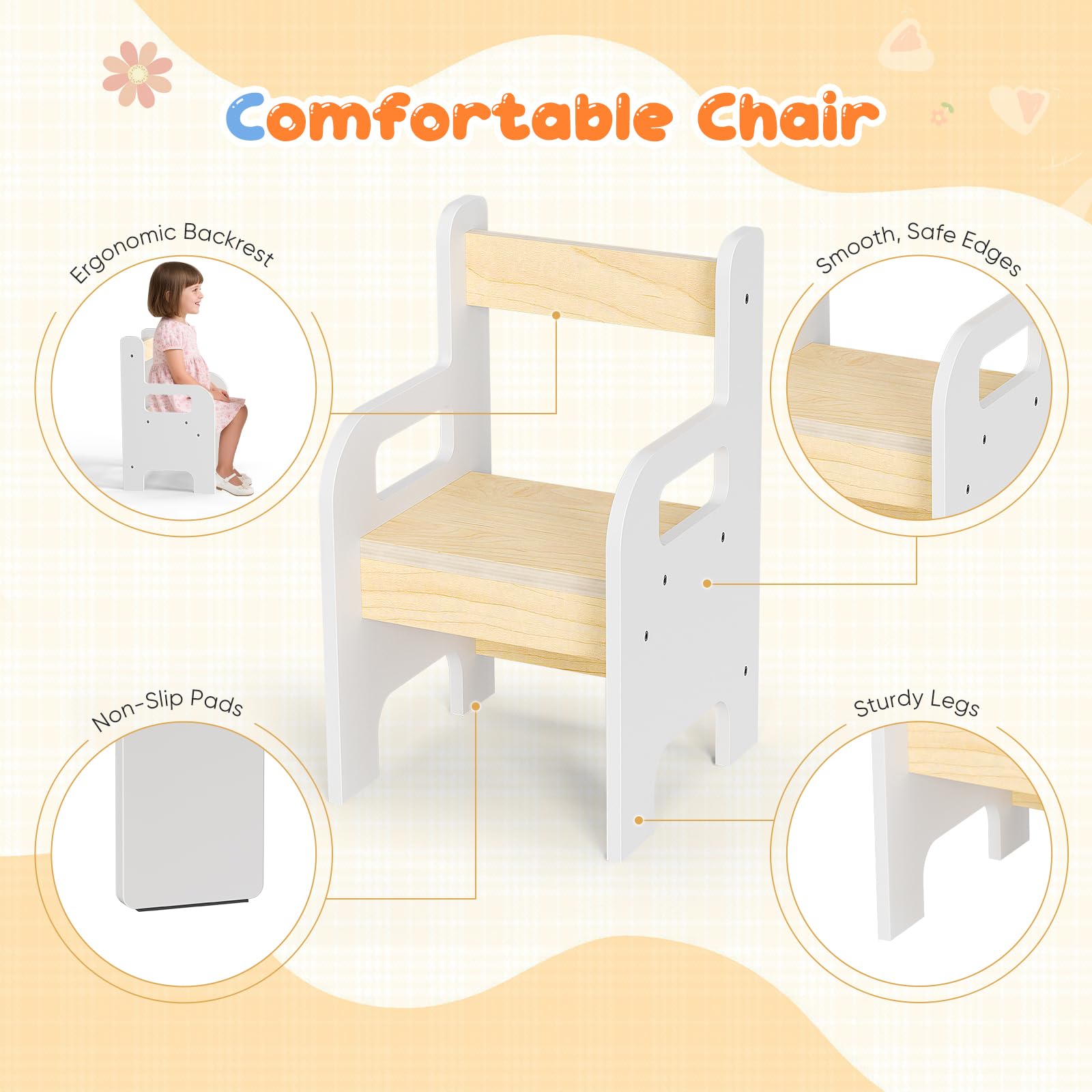 Juego Mesa y Sillas Infantil con 2 Unidades, Mesa Multifuncional con Pizarra, Mueble de Madera con Almacenamiento, Mesa Ergonómica para Estudiar Dibujar y Jugar Blanco Madera Natural
