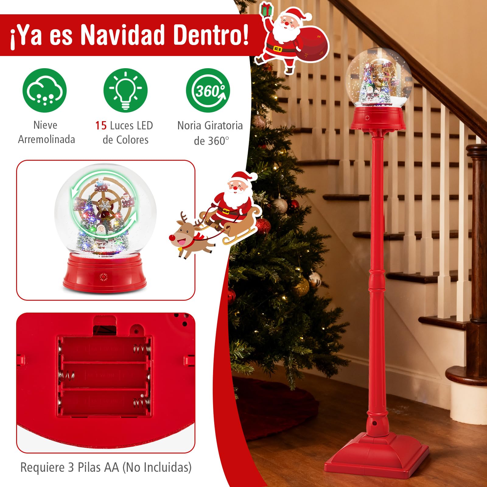COSTWAY Farola Navideña Musical de 153 cm, Lámpara Globo de Nieve con 8 Tonos, Escena Giratoria, 15 Luces LED Coloridas, Adornos de Navidad de Lámpara de Pie para Entrada, Chimenea, Impermeable