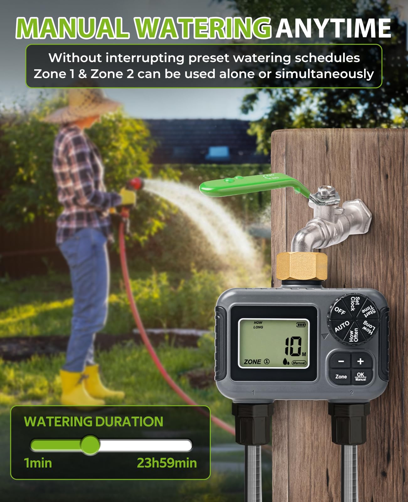 HIRALIY Timer per irrigazione, timer per tubo da giardino, 2 zone, programmabile per irrigazione, sistema di irrigazione automatico per prato da cortile, girevole in ottone, impermeabile IP5