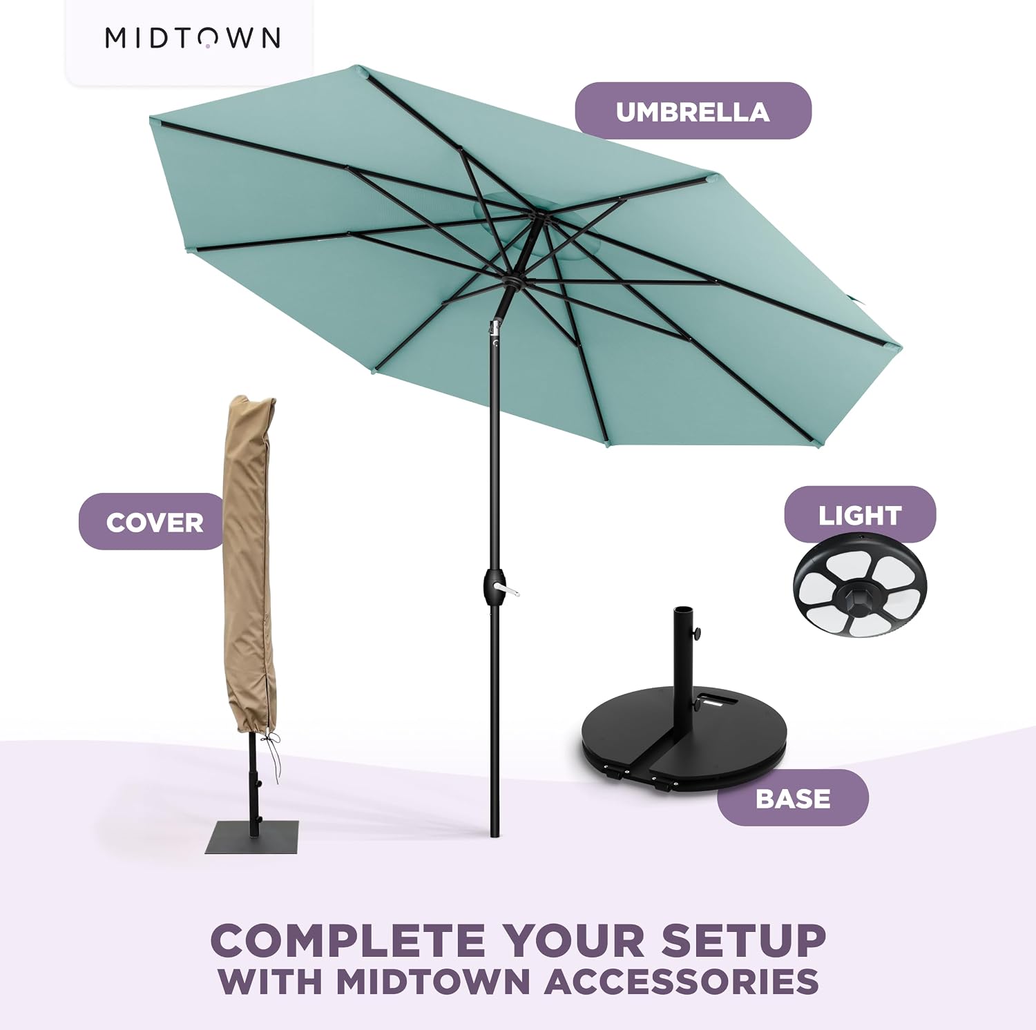 Midtown Umbrellas - 10-Year-No-Fade 9 Ft Patio Umbrella with Terylast Fabric, Auto-Tilt Aluminum Frame and 8 Reinforced Ribs for Deck, Pool, Garden & Beach - Aqua Canopy, Black Pole