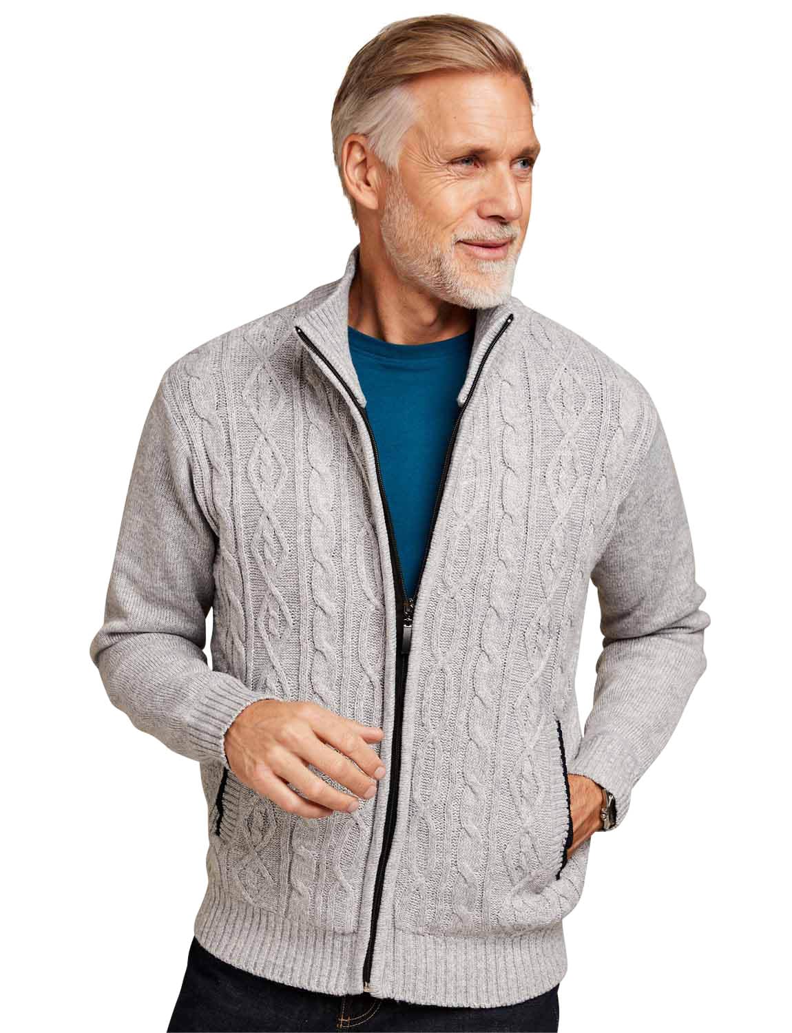 Pegasus Men's Grey Fleece Lined Chunky Cable Knit Full Zip Up Cardigan 44