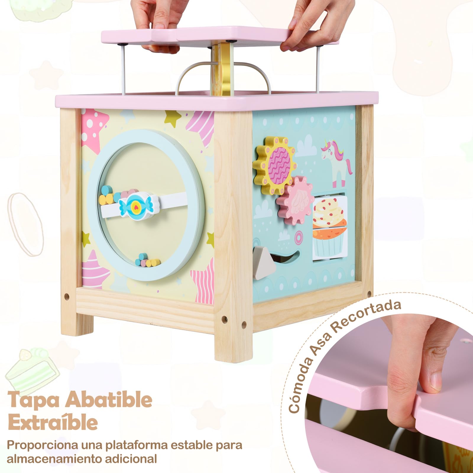 COSTWAY Cubo de Actividades de Madera, Juguetes Sensoriales Montessori para Niños de 18+ Meses, Juguetes Educativos para Bebés, Juguetes de Aprendizaje