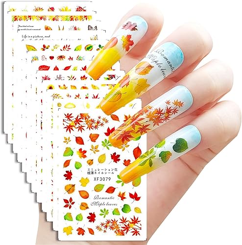 12 hojas de calcomanías de uñas 3D para arte de uñas, calcomanías de uñas de hoja de arce para mujeres y niñas, juegos de calcomanías de uñas de