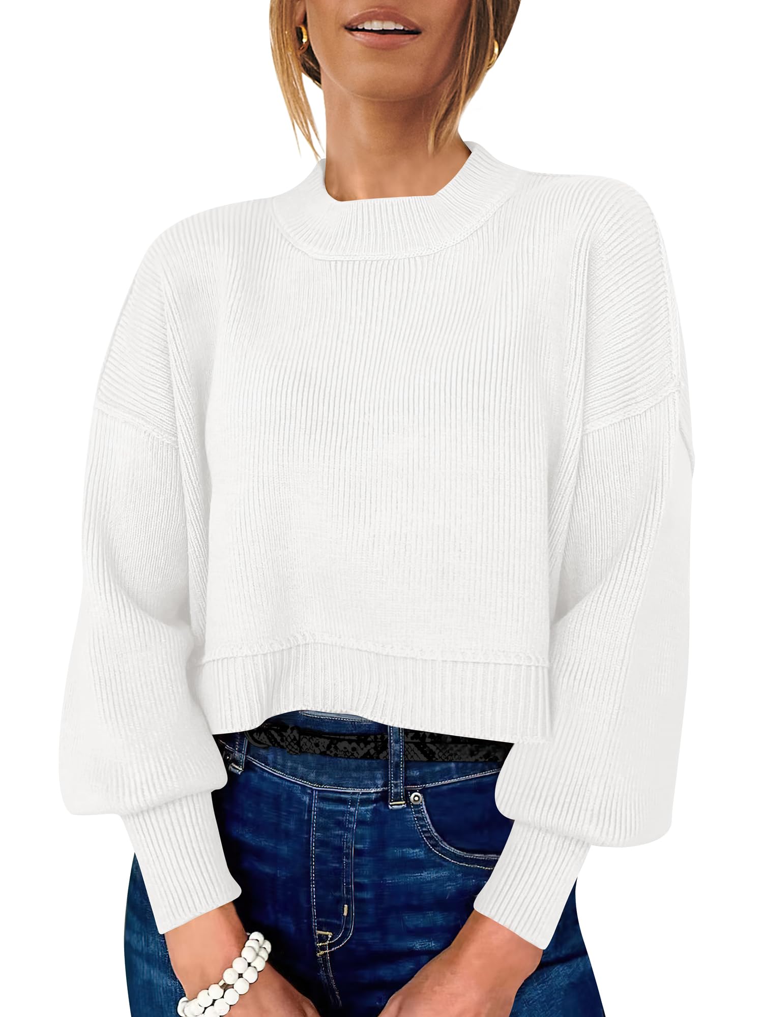 ANRABESS Womens Cropped Sweaters Oversized Crewneck Long Batwing Sleeve Side Slit Ribbed Knit Pullover Tops 2025 Fall Clothes