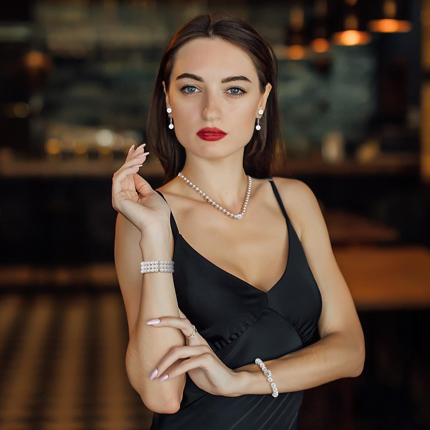 5 Pcs Faux Pearl Necklaces for Women Adult Pearl Necklace and Earring Set Rhinestone Necklace Earrings Bracelet Jewelry for Party Wedding Gift Accessories - Image 4