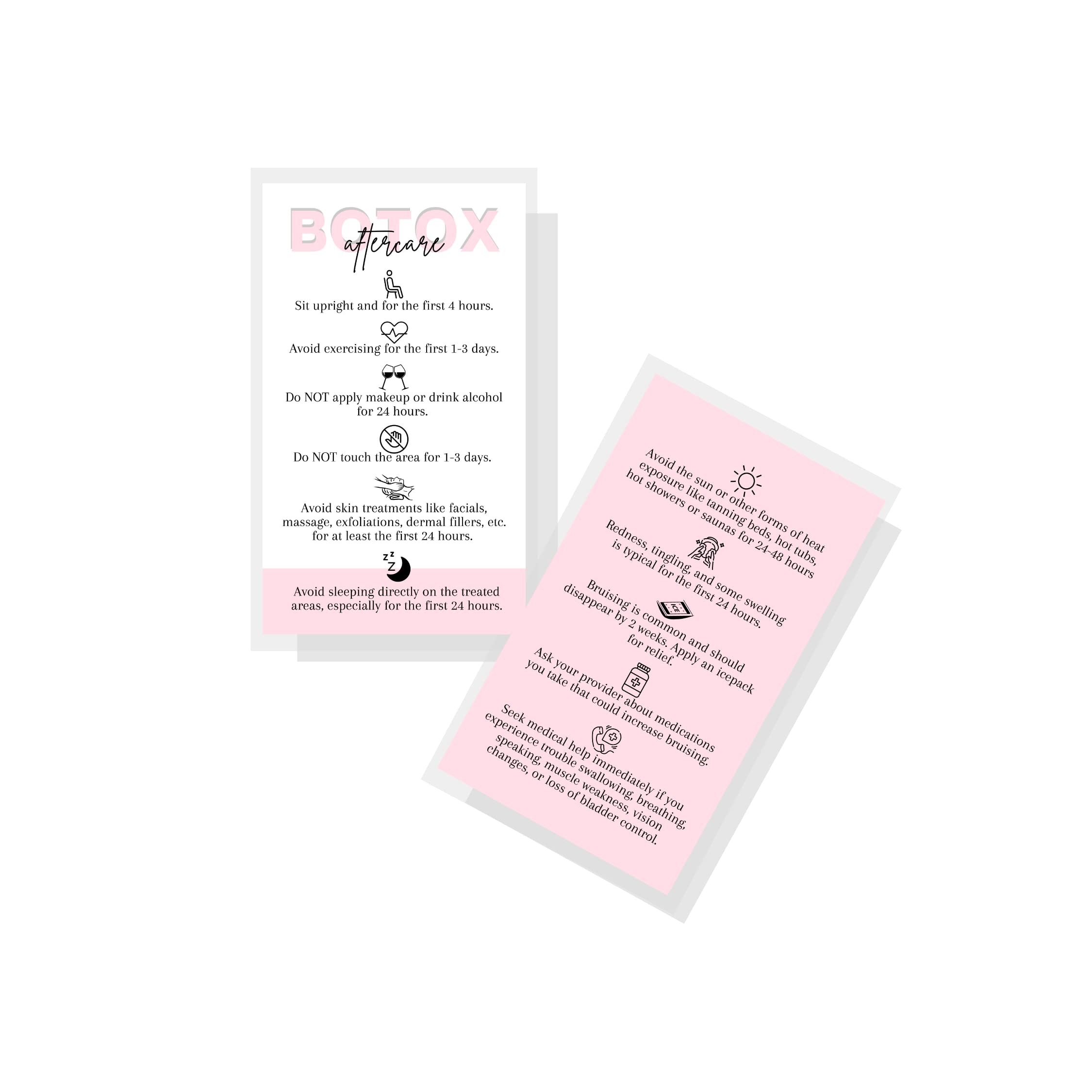 Botox Aftercare Card | 50 pack | 2x3.5” inch Business Card | Botox Aftercare Card for Clients | Pink and White Look Design