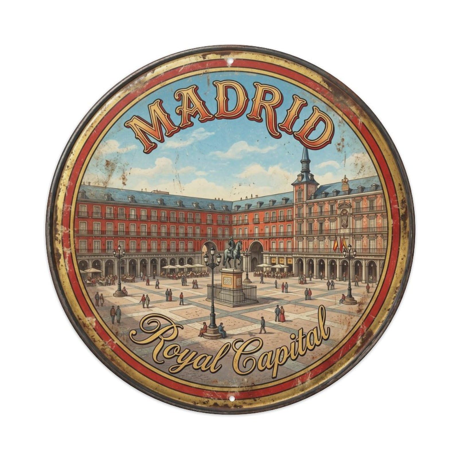Vintage Travel Madrid Plaza Mayor Metal Tin Sign Plaque Wall Decor for Cafe, Club, Garden Round Metal Poster 8x8Inch