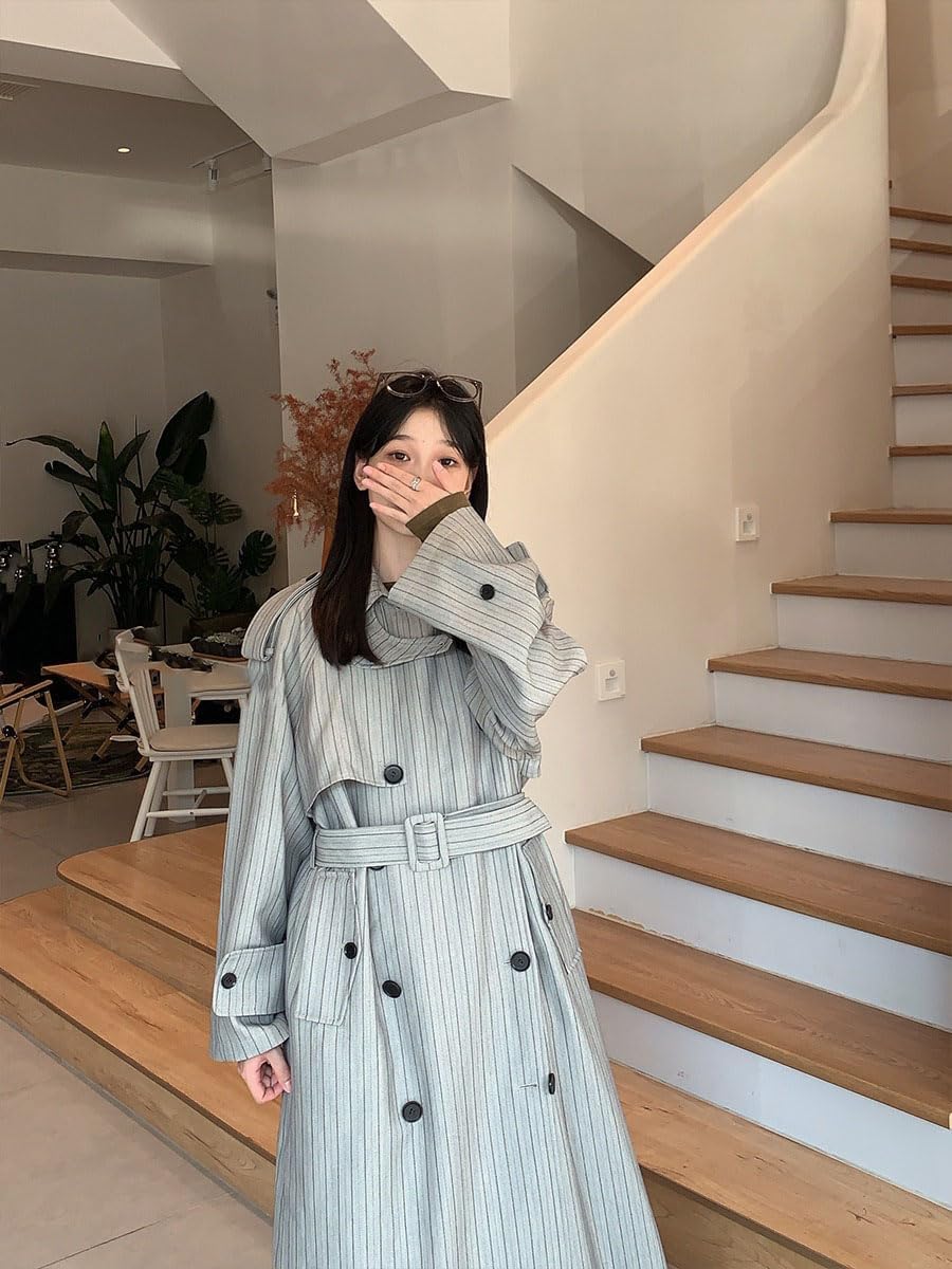 HSQIBAOER Women's Overcoats Long Trench Coat Striped Spring Loose Jacket for Women