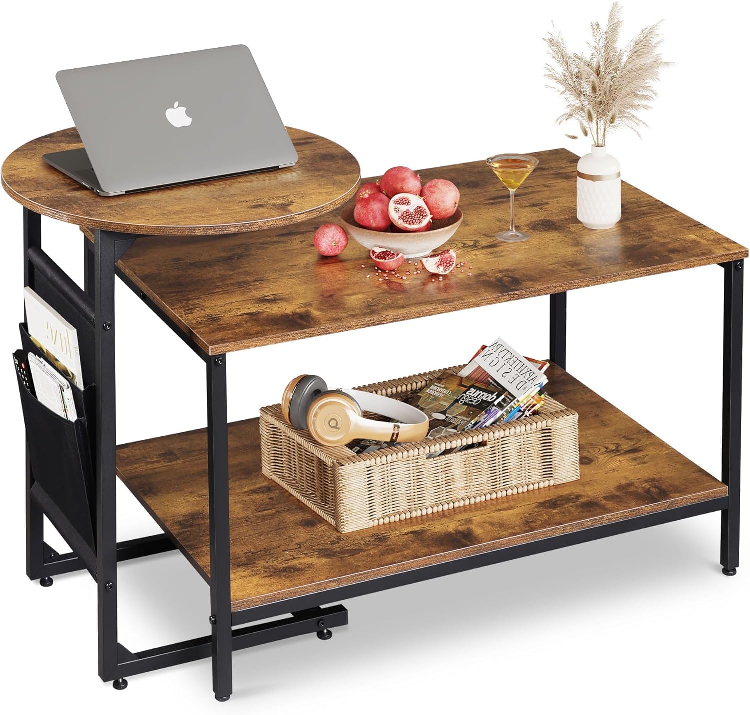 WLIVECoffee Table Set of 2, Round C-Shaped Side Table with Storage and 2-Tier Square Table, Steel & Wood, Customizable Layout for Living Room, 48cm & 80cm Coffee Table, Rustic BrownThe Forest Stewardship Council