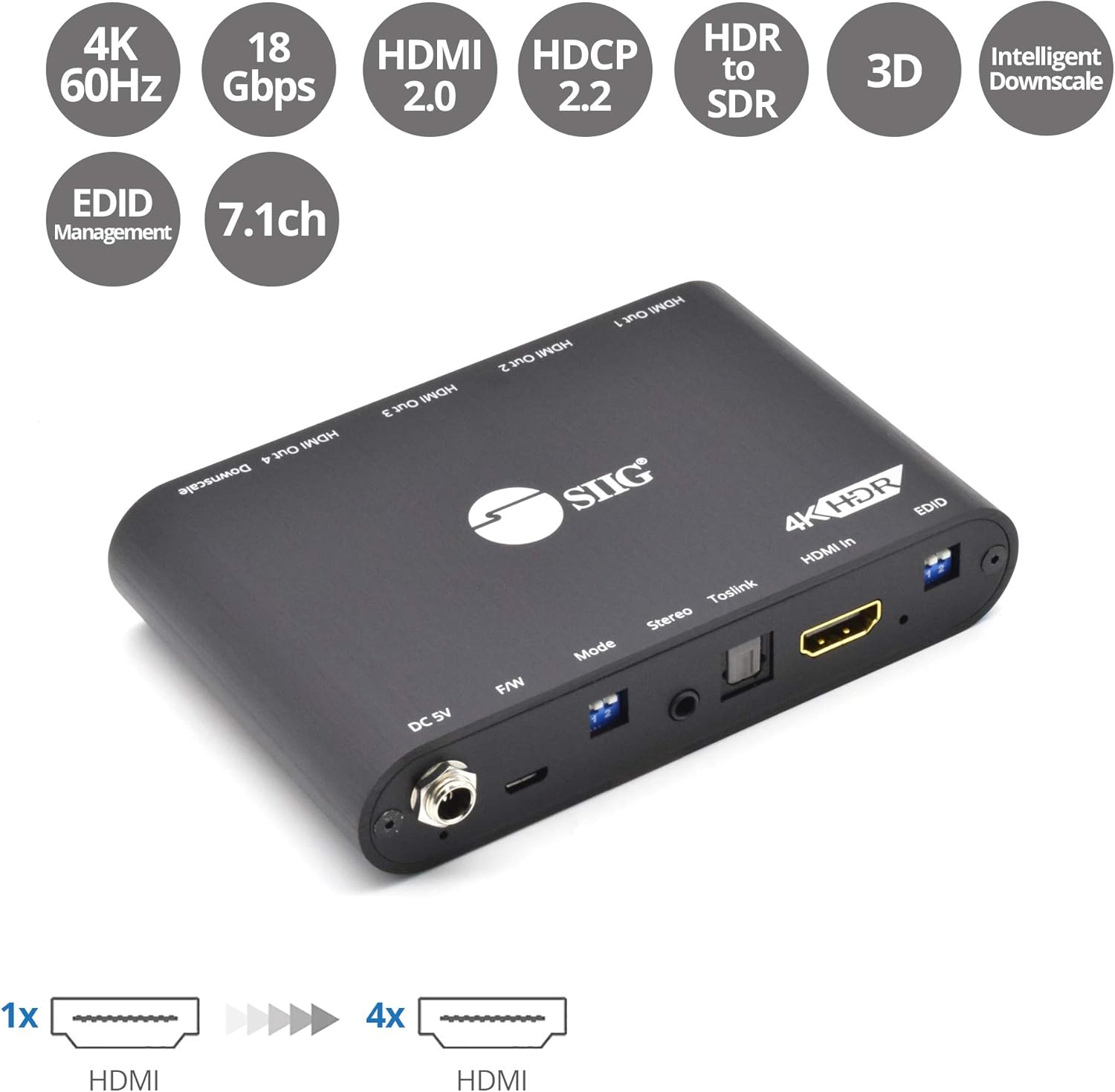 SIIG 1x4 HDMI Splitter with EDID, Audio Extractor to Toslink, HDR to SDR Conversion,Video Downscaling,4K60 HDR,HDCP Bypass,Digital/PCM 7.1 Audio, TAA Compliant CE-H26911-S1