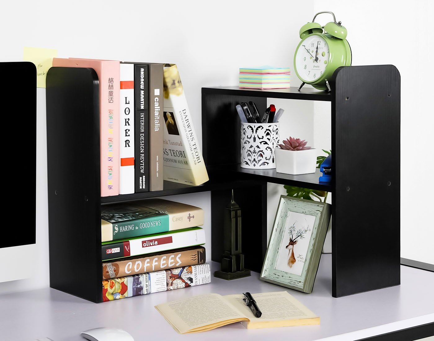 PAG Desktop Shelf Adjustable Wood Small Bookshelf Office Supplies Desk Organizer and Accessories Display Rack, Black : Everything Else