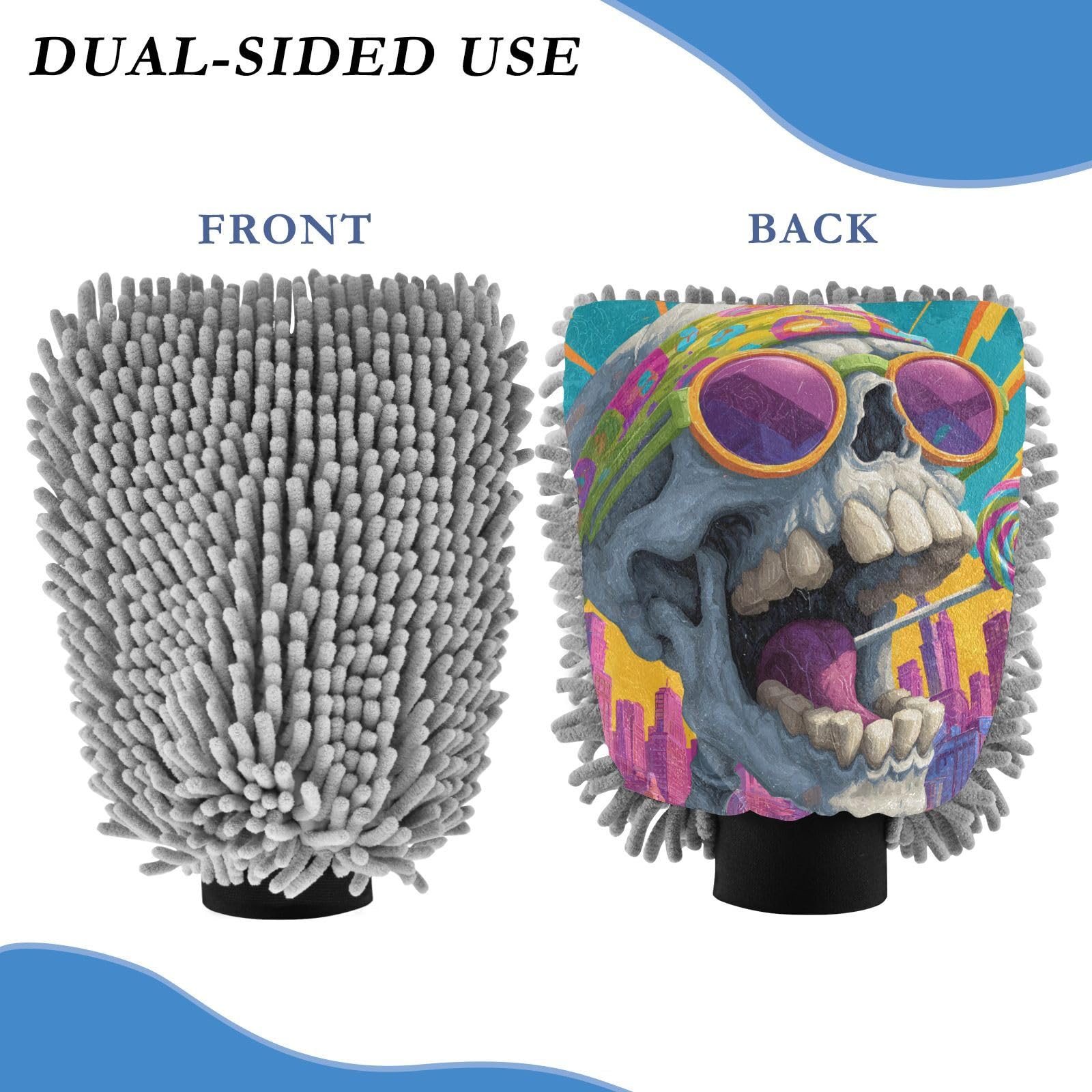 ALAZA Skull Lollipop Pop Art Car Wash Mitt Scratch Free, 2 Pack Absorbent Microfiber/Chenille Washing & Drying Mitts, M