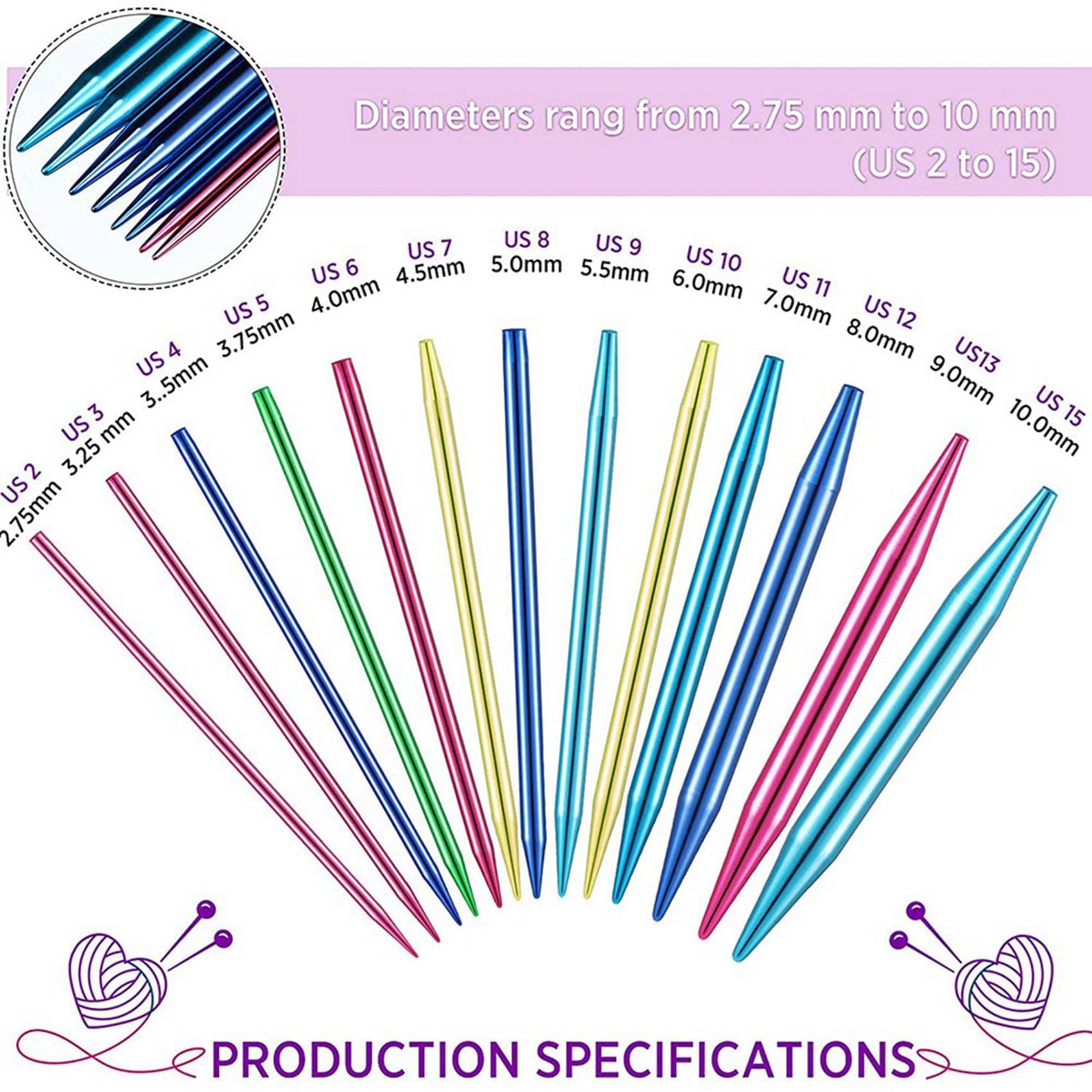 Giwnhvx Set di 52 da maglia circolari intercambiabili in alluminio, 13 misure diverse, per lavorare a maglia