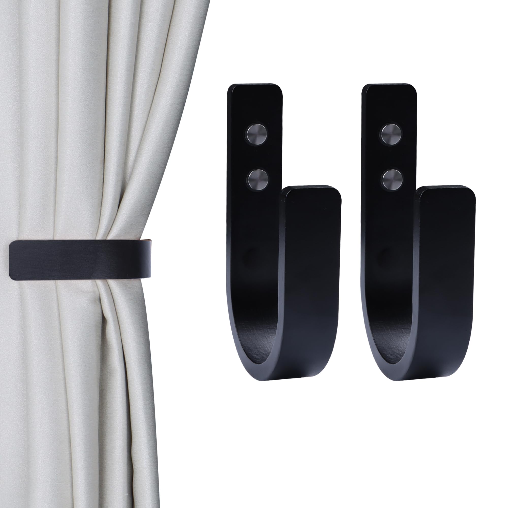 OCIOLI 2 Pack Curtain Tiebacks Wood Curtain Holdbacks U Shaped Curtain Hooks Curtain Tie Backs Wall Mount Curtain Holder Curtain Pull Backs Tie Backs for Curtains (Black, 2)