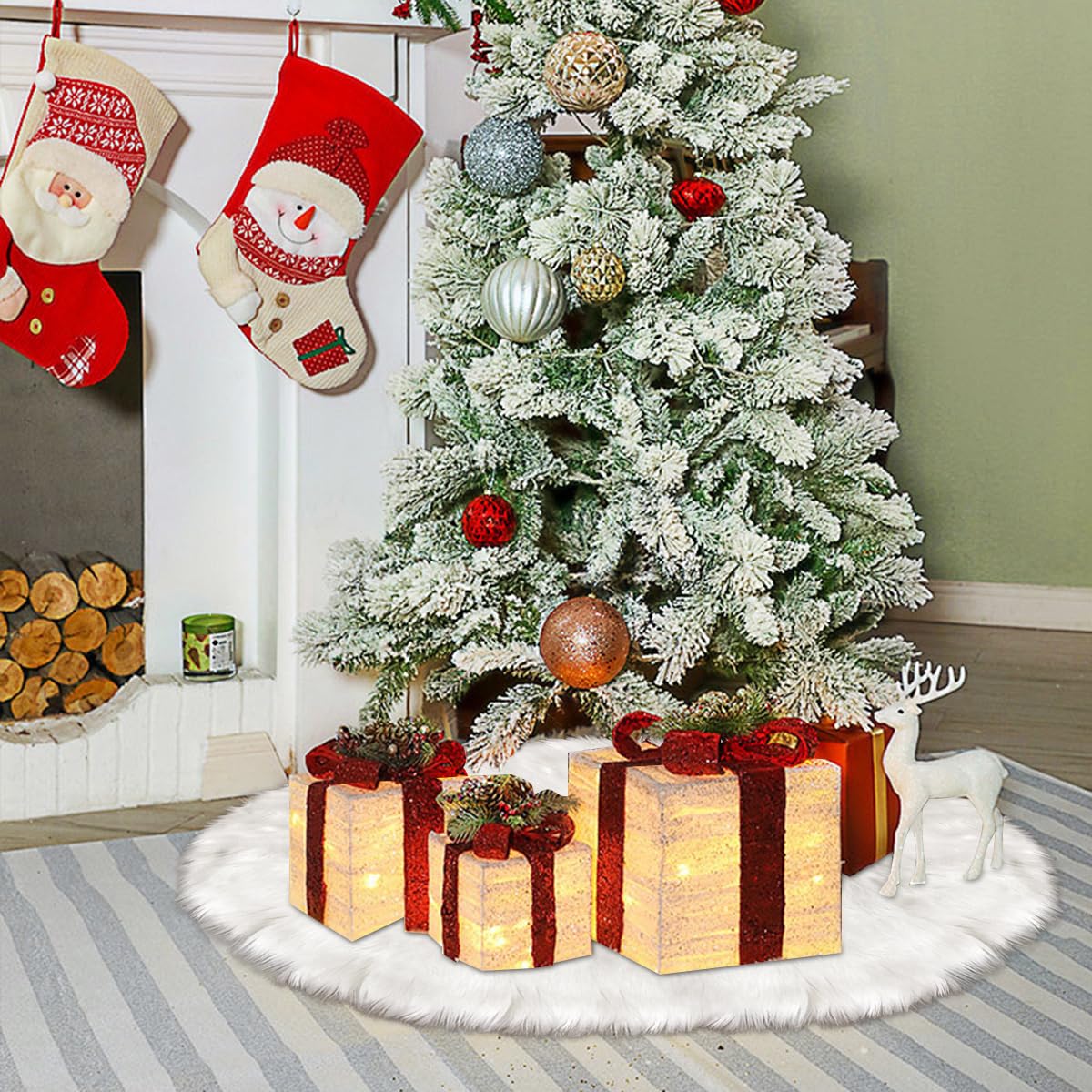 Tapis Sapin Noël 120 cm Blanc Fausse Fourrure Peluche Décorations Arbre