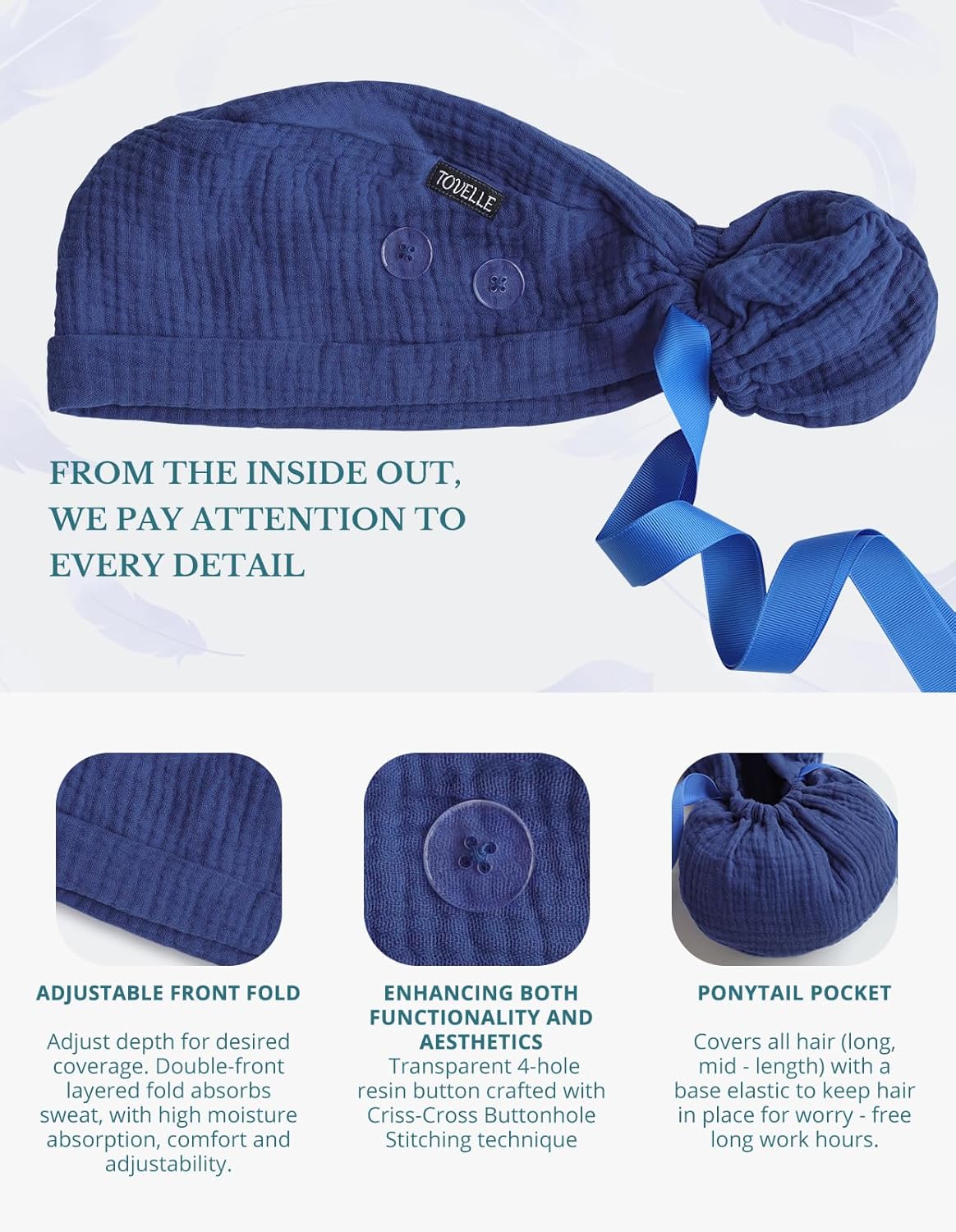 Ponytail Scrub Cap for Women – Solid Navy Blue Surgical Cap with Buttons, Cotton Ponytail Scrub Caps, Adjustable Surgical Hat for Women to Secure Long Hair - Image 2