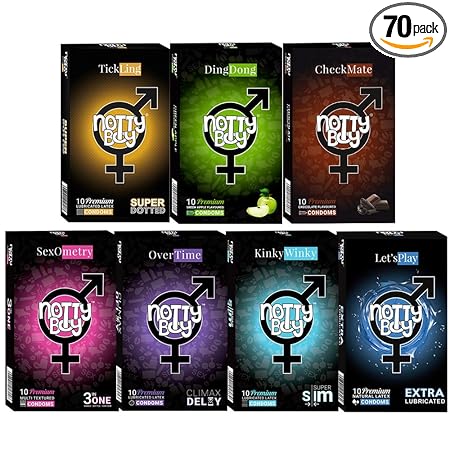 NOTTY BOY Honeymoon Condom Family Pack - Climax Delay, Ribbed, Extra Dotted, Lubricated, Thin, Apple and Chocolate Flavoured Condoms - (7x10s)