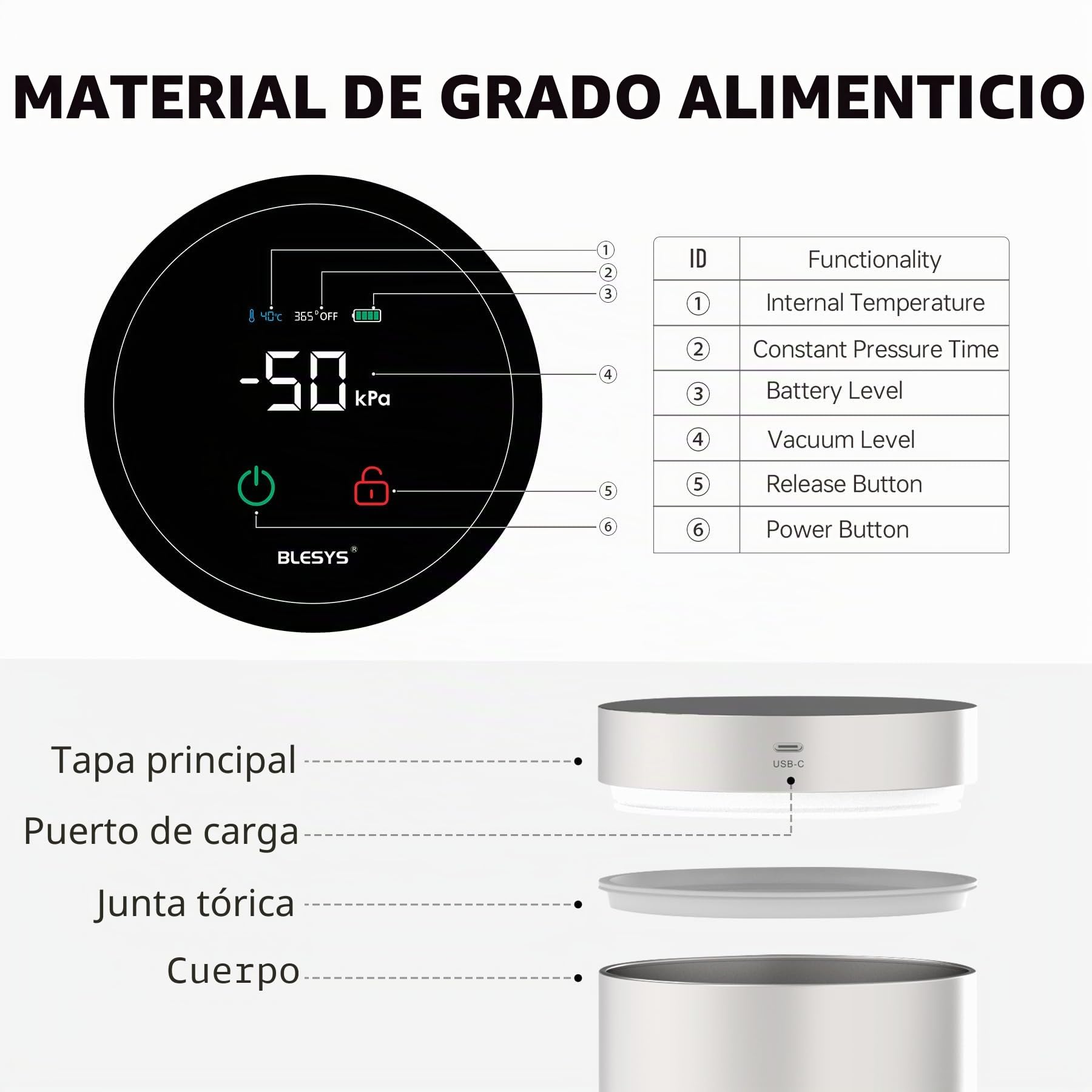 BLESYS Recipiente inteligente para café al vacío, Recipiente automático de acero inoxidable hermético con pantalla LCD, función de frescura con un solo toque, indicador de fecha (1.8L, plata)