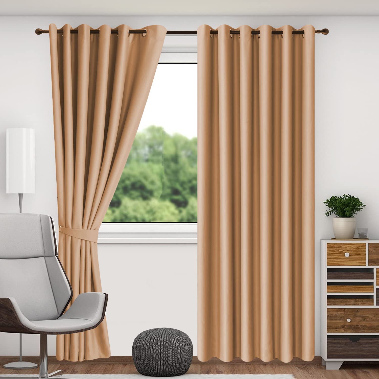 THERMAL BLACKOUT CURTAINS + FREE TIE BACKS, 3" TAPE - PENCIL PLEAT & EYELET RING TOP (Beige Ring Top, 90" x 54" (225cm x 137cm))