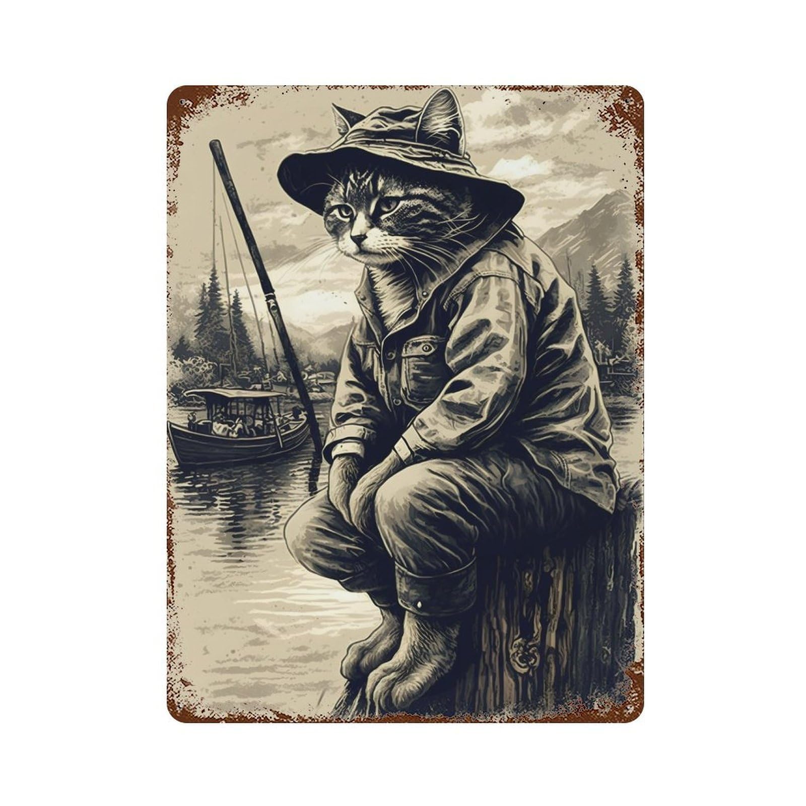 Garage Style Cat Fishing in A Lake Vintage Rust Metal Sign 15.7"x11.8", Retro Wall Decor for Bar And Workshop