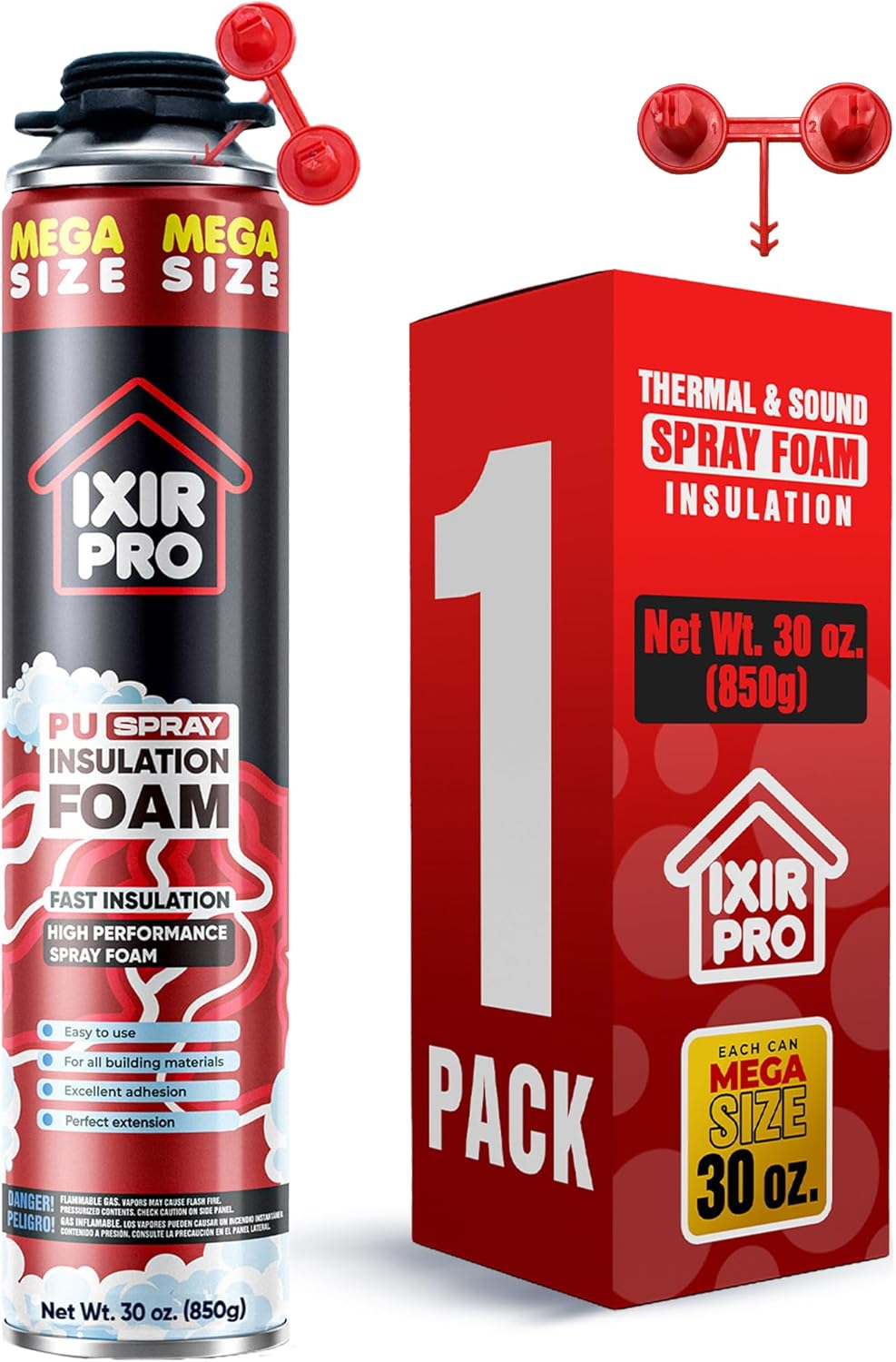 Professional Expanding Foam Spray Gun (1 Insulation Gun + 9 Extenders) and Spray Foam Insulation Can (30 oz. / 850 g) Set