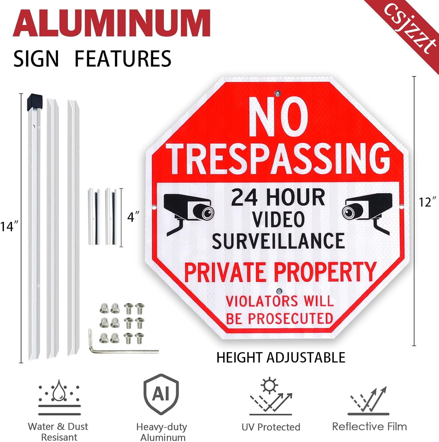 Large No Trespassing Signs Private Property Video Surveillance Sign with 42" Stake for Outside - 3 Pack - 12"x12" Engineering Grade Reflective Film, 050 Rust Free Aluminum, Reflective, Waterproof, Fade