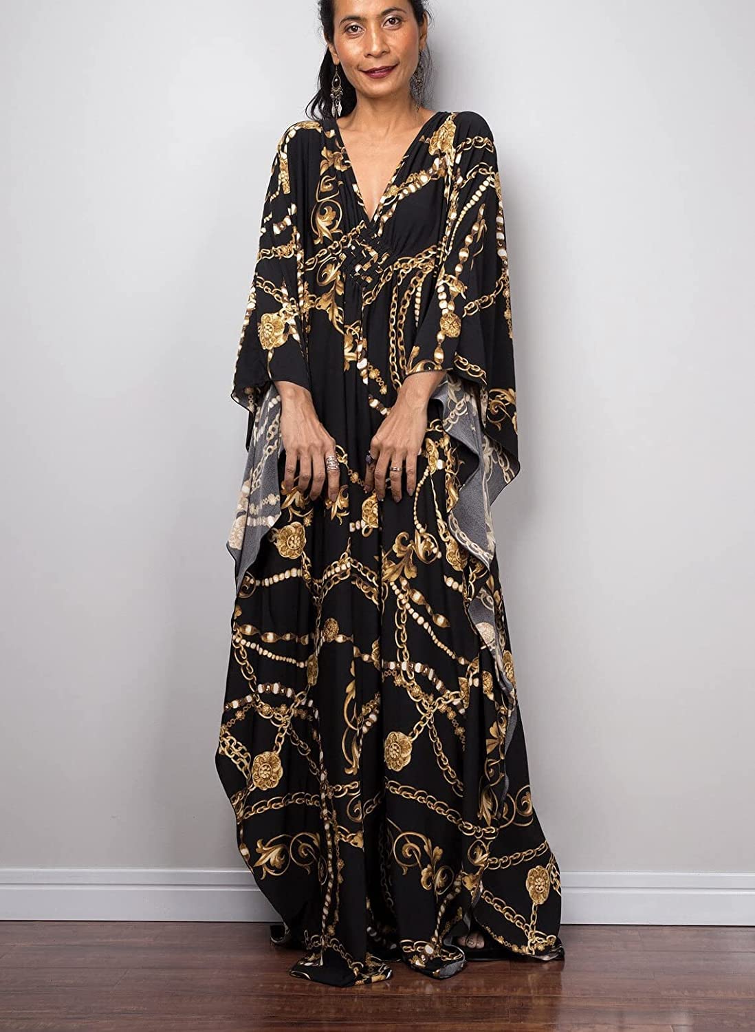 Venasha Damska sukienka kaftan z krótkim rękawem, kostium kąpielowy na lato, C-31, czarny łańcuszek, XL, C-31 czarny łańcuszek, XL