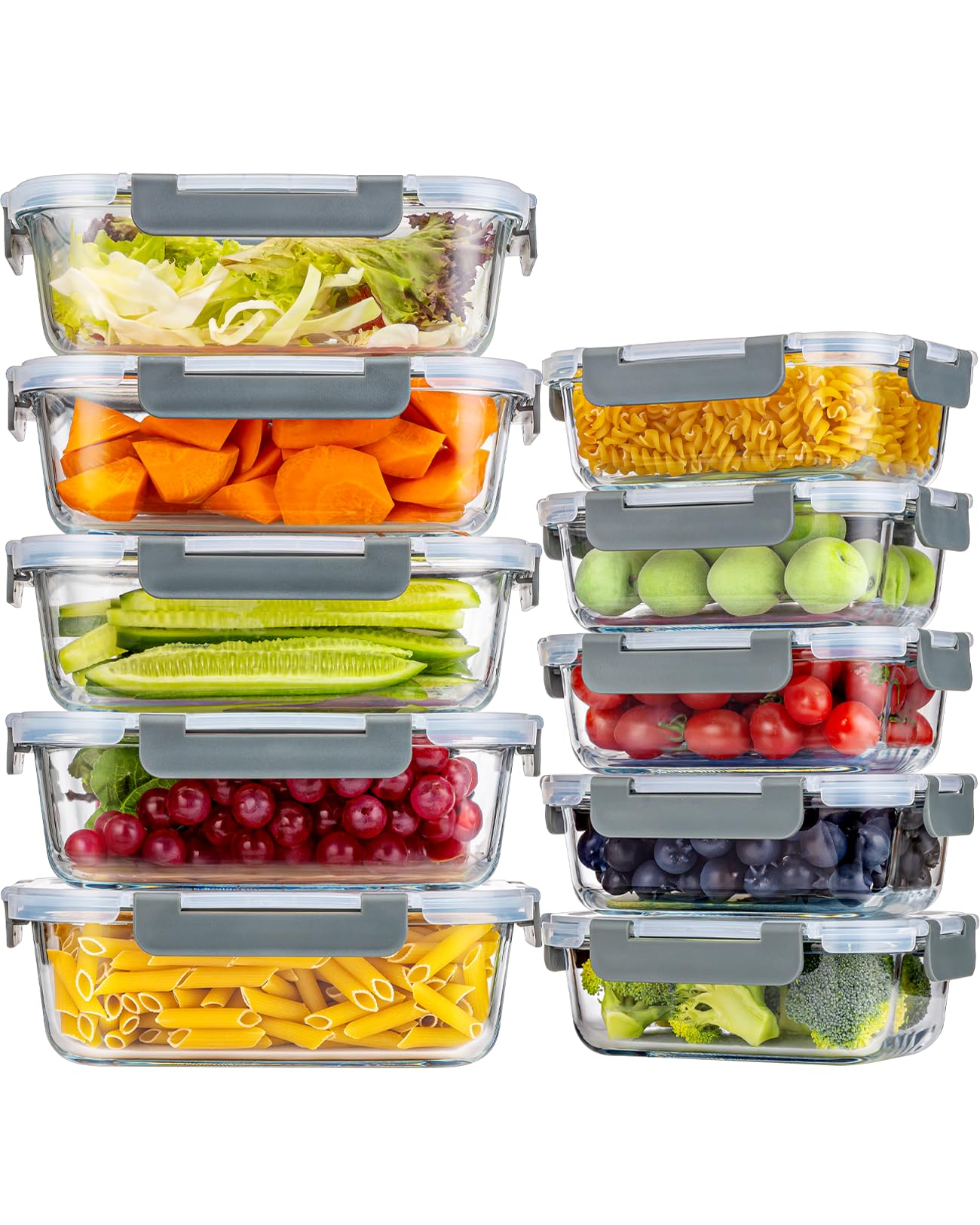 KUMD 20-Piece Set (10-Pack) Borosilicate Glass Meal Prep Containers with Upgraded Detachable Locking Lids - 5 Large (1040ml) & 5 Small (370ml) Lunch Boxes, Microwave/Oven/Freezer Safe