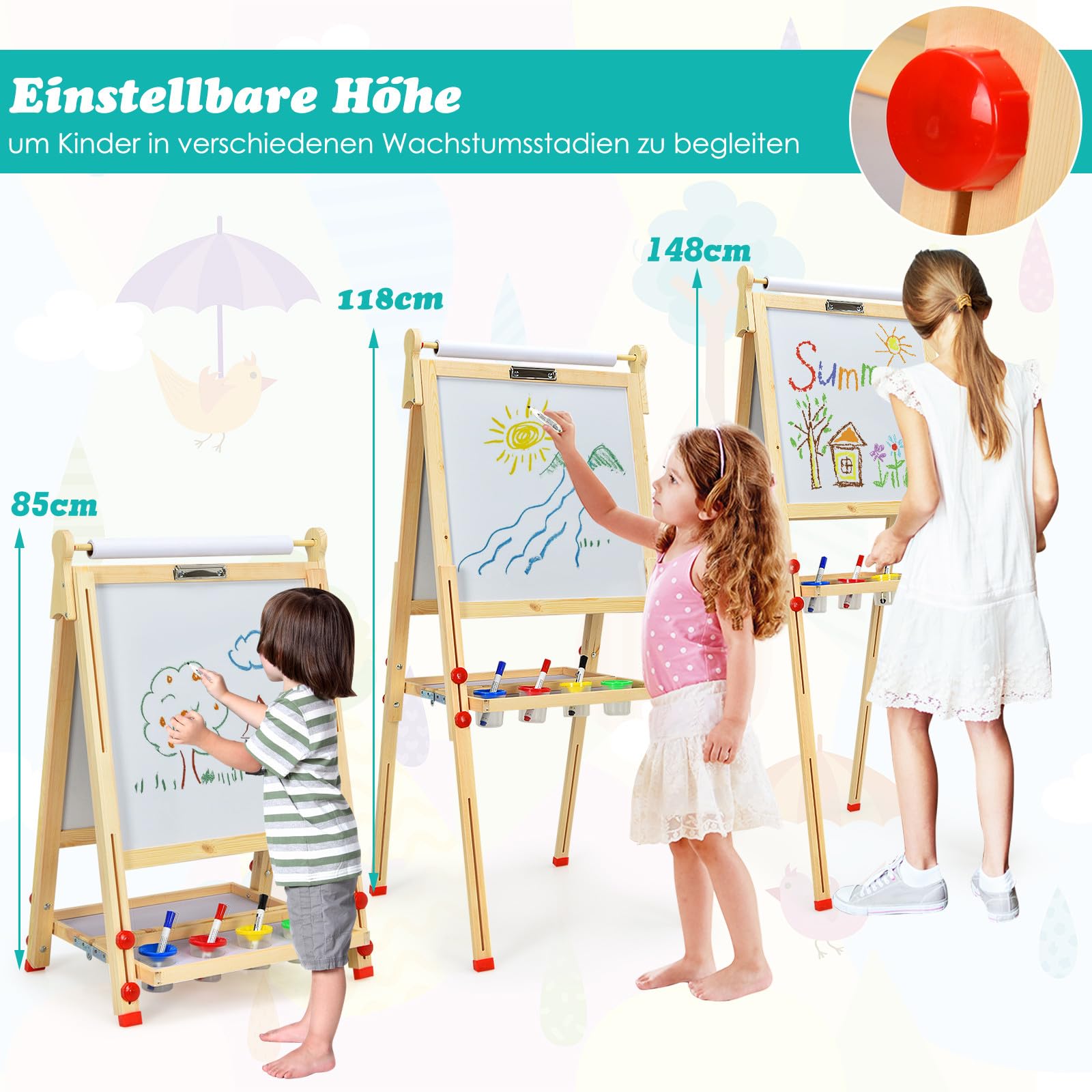 DREAMADE 3 in 1 doppelseitige Kinder Staffelei aus Holz, höhenverstellbare Kinderstaffelei Kindertafel mit Papierrolle Whiteboard und Kreidetafel, inkl. Alphabet Marker Kreide Radiergummi