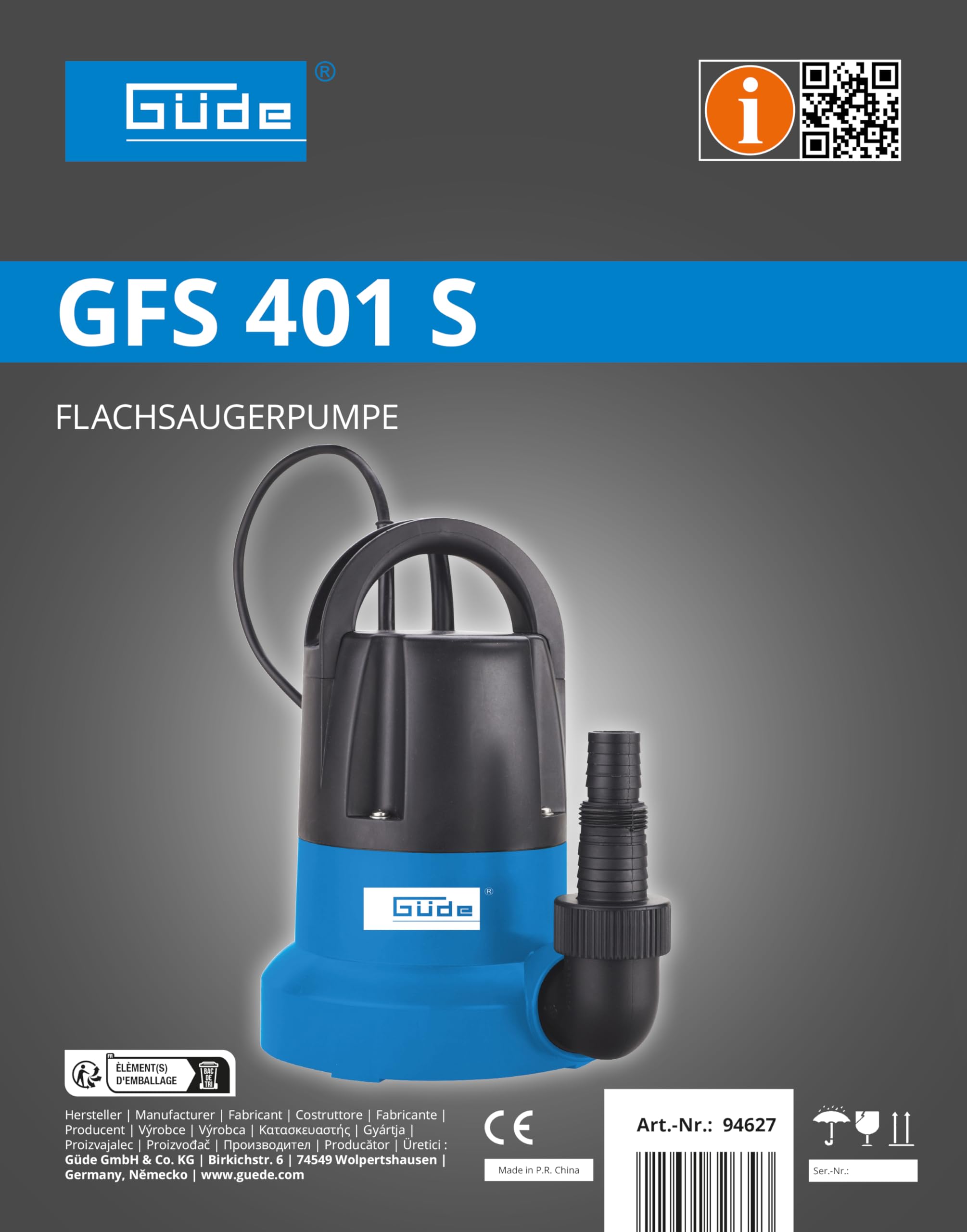 Güde Flachsaugerpumpe GFS 401 S (400 W, Fördervolumen 7000 l/h, max. Förderhöhe 8 m, max. Ansaughöhe 7 m, Noryl-Laufrad, Edelstahlwelle, Thermoschutz, 10 m Anschlusskabel, min. Einschalthöhe 30 mm)