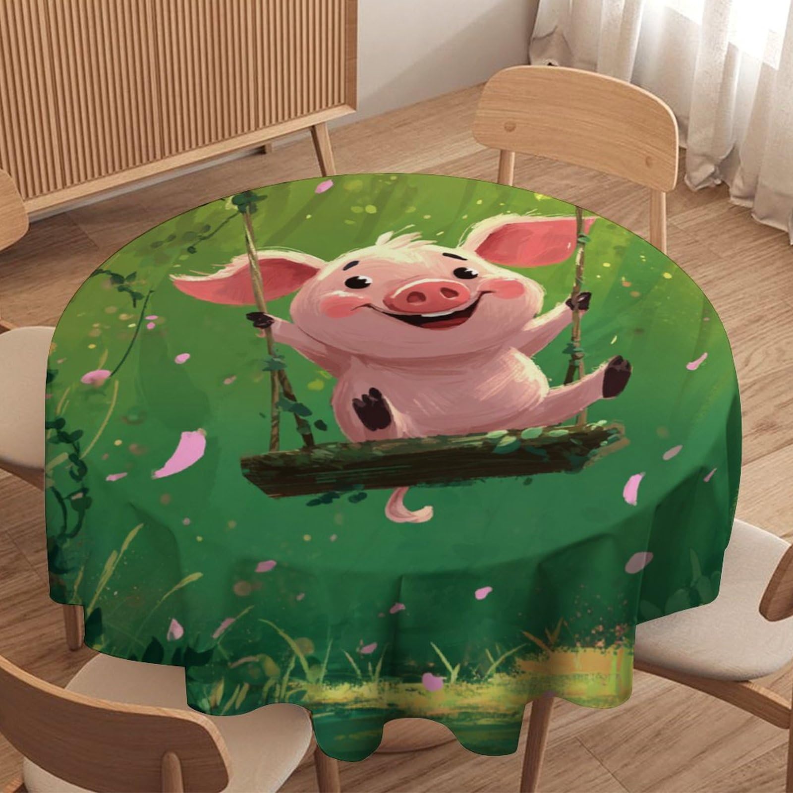 LUYYSKY Pink Cute Colorful Pig Waterproof Round Tablecloth Abstract Anime Spring Forest Animals Pig Pattern Washable Table Cover for Kitchen-127 Wx127 L cm