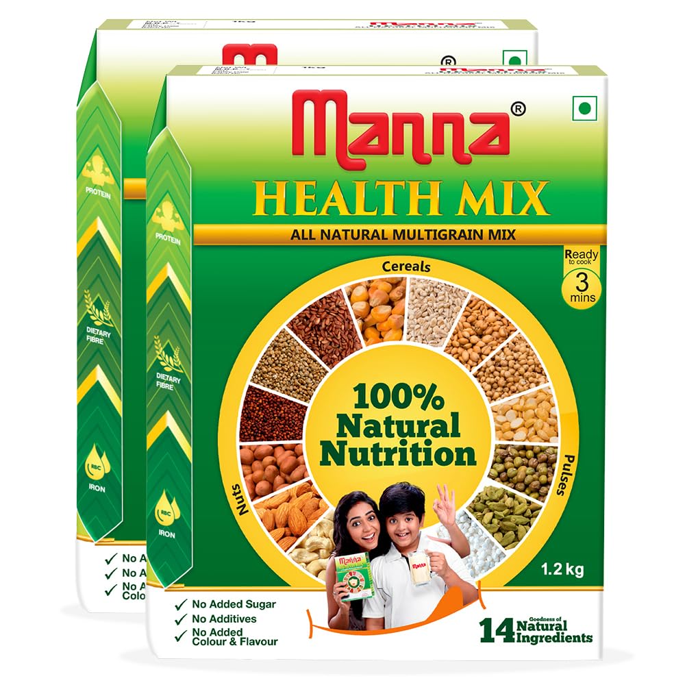 Manna Health Mix 2.4 Kg, All Natural Kids Nutrition Drink, with 14 ingredients, Zero Sugar. 100% Natural Nutrition 1.2 Kg (Pack of 2)