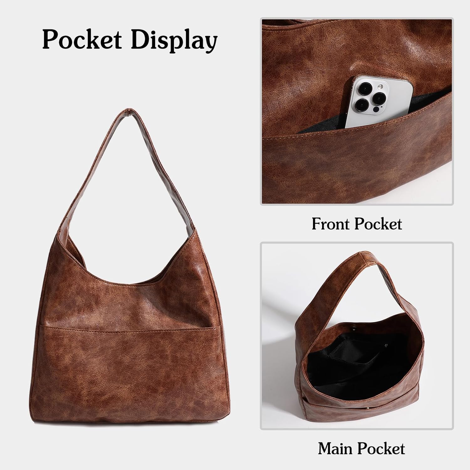 PORRASSO handtas voor dames, grote schoudertas, shopper, tas met handvat, PU -lederen tassen voor school, werk, reizen, bruin, Large, klassiek