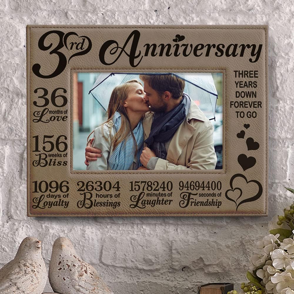 KATE POSH Our 3rd Wedding Anniversary, 3 Years Anniversary, 3 Years of Marriage, Gifts for Couple, Third Anniversary - Engraved Leather Picture Frame (5 x 7 Horizontal)