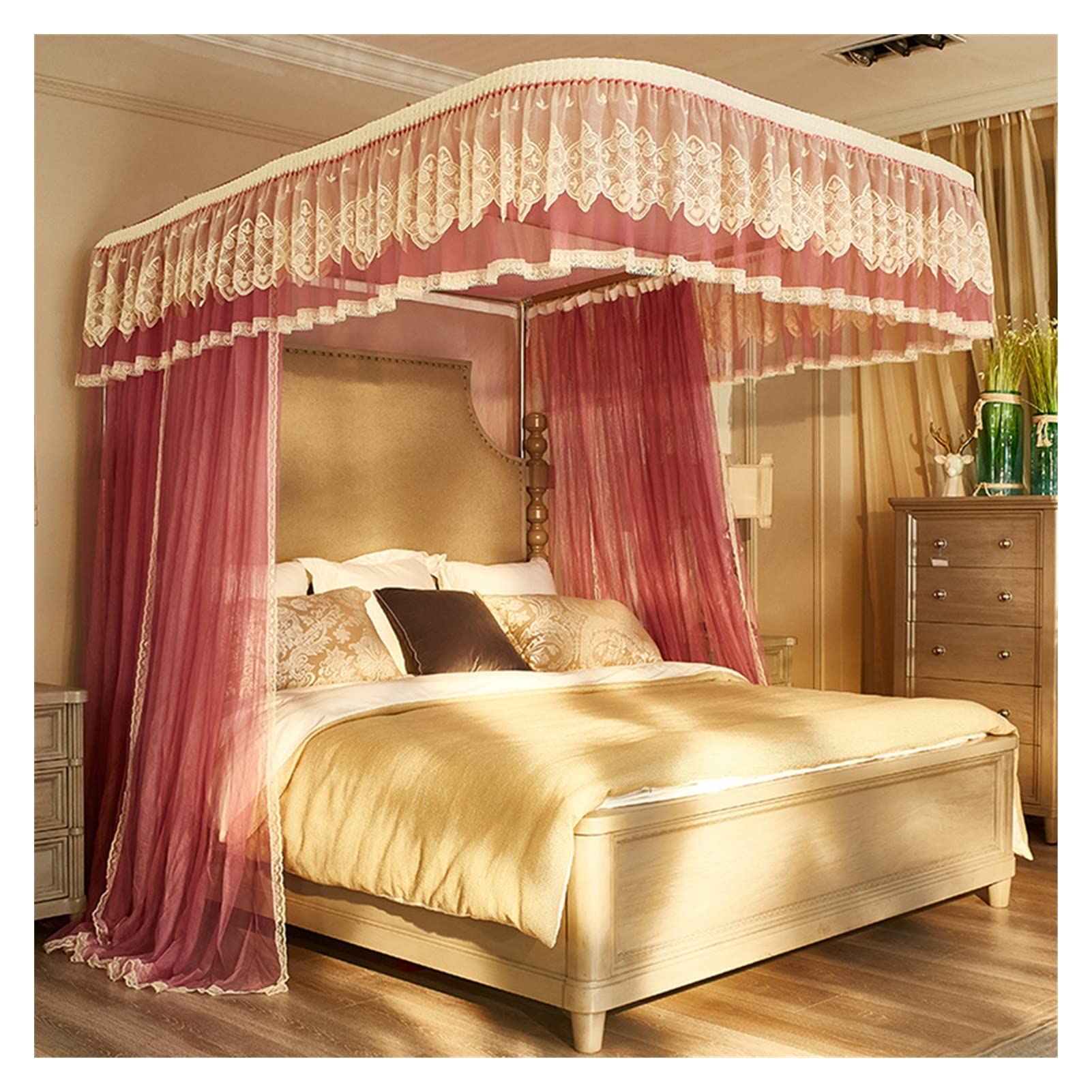 DXTFDHB Bed Canopy Curtains Floor Mosquito Net with U-shaped Bracket for Single to King Size Bed 3 Side Openings(Bean paste color,180 * 220cm)