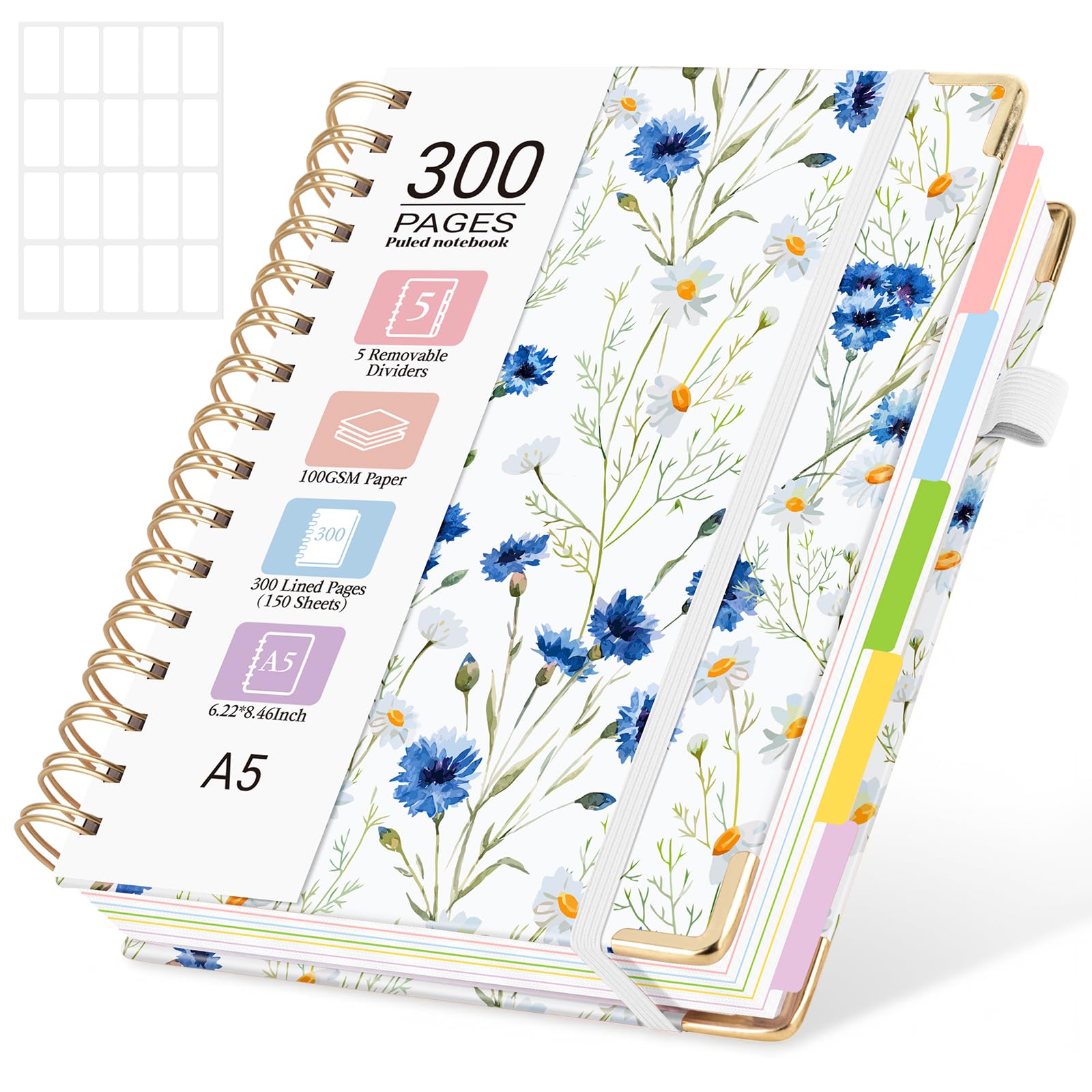MOFELON A5 Notebook with Dividers, Notepad A5, 300 Pages Spiral Lined Notebooks,PU Leather HardCover Journals for Women,Note Book Pad for Office Work School, 21.5 x 15.8cm-Blue Daisy