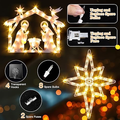 Miniatura 3 de Marchpower Paquete de 2 luces de silueta de ventana de Navidad, Belén iluminadas y estrella de Belén para decoración de ventanas, luces de ventana